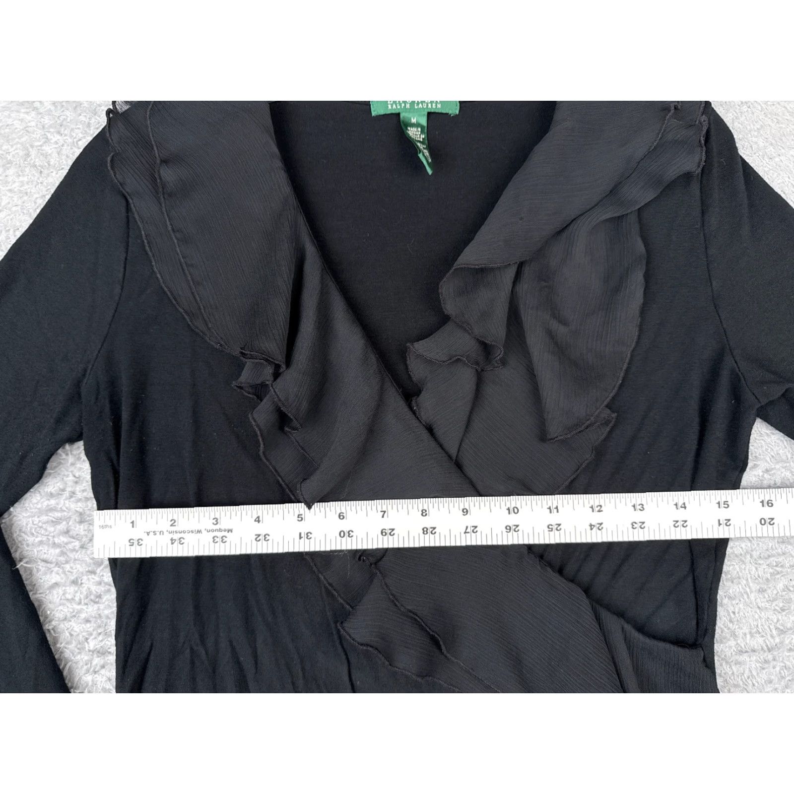 Ralph Lauren VINTAGE Ralph Lauren Women's Blouse Shirt Casual 3/4 Sleeve V-Neck Black Medium Jersey Ruffle All Seasons Size M / US 6-8 / IT 42-44 - 7 Thumbnail