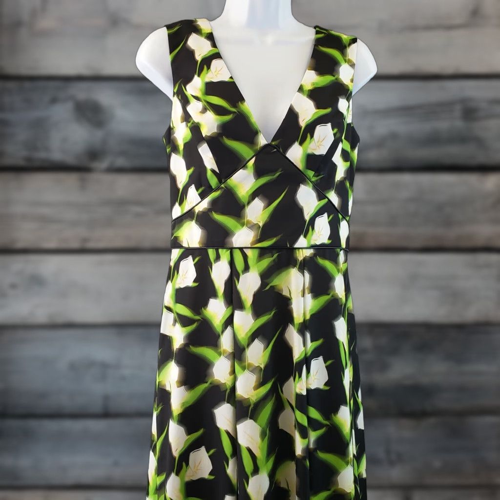 Vintage ZAC Zac Posen Womens Dress Sz 6 Green Black Floral Lilly Print V-Neck Sleeveless Size M / US 6-8 / IT 42-44 - 1 Thumbnail