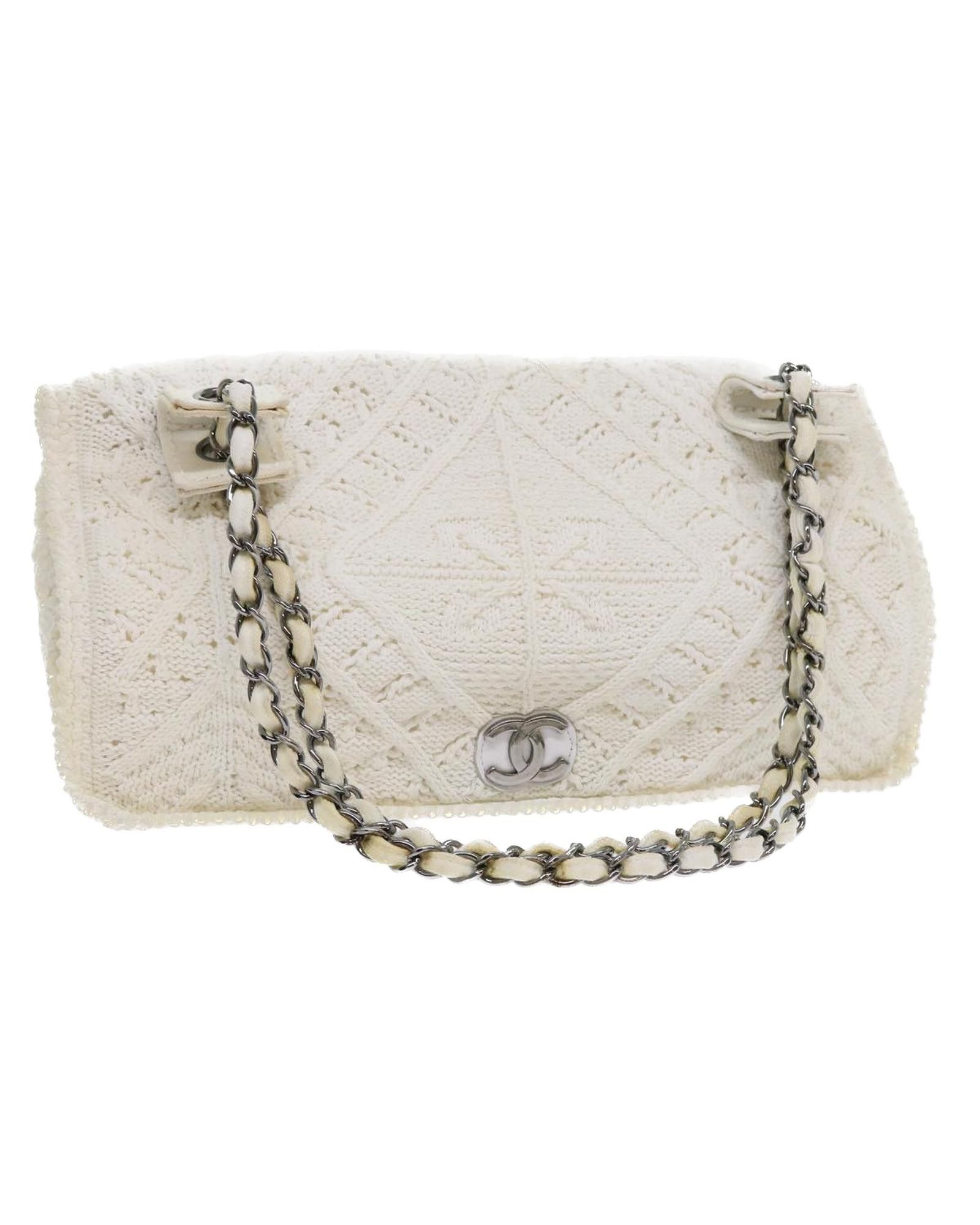 image of Chanel Textured White Cotton Shoulder Bag, Women's