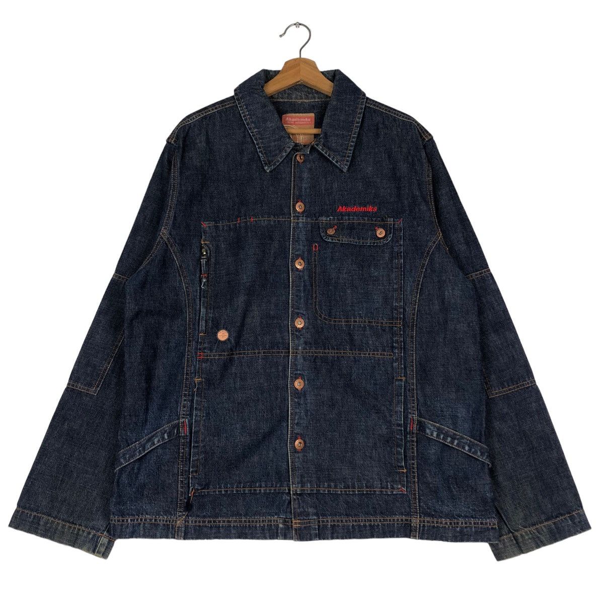 Japanese Brand 🔥Vintage Denim Biker Jacket Akedemiks Gene Research Japan Size US XL / EU 56 / 4 - 1 Thumbnail