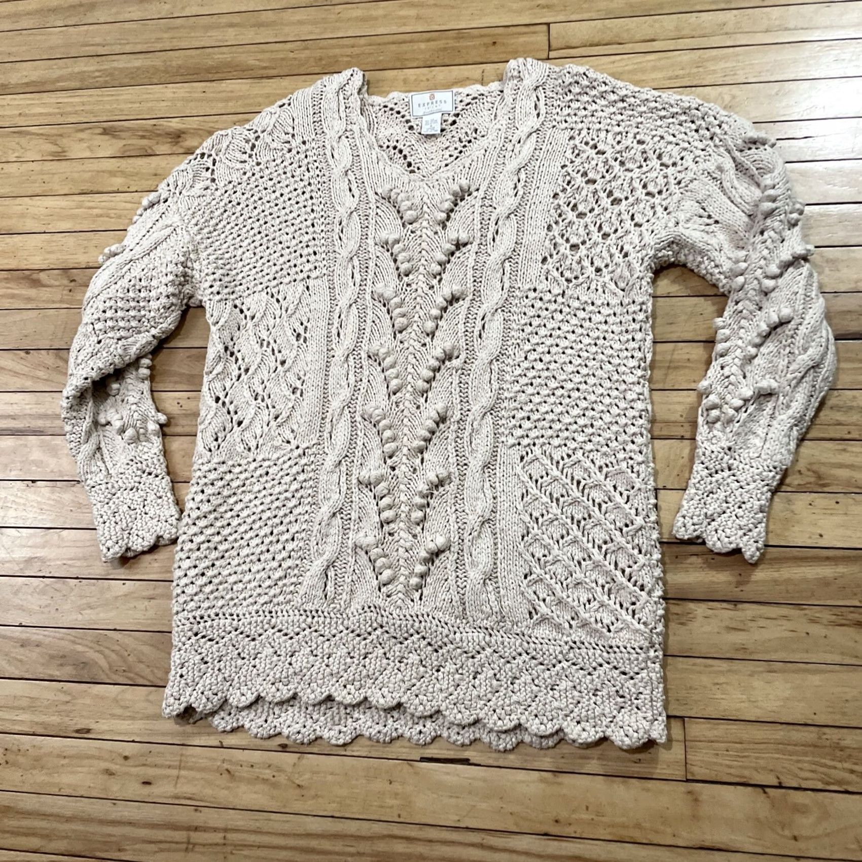 Express VINTAGE EXPRESS TRICOT Crochet Silk Tunic Sweater Dress Women M Cream Boho Hand Knit Shirt Size M / US 6-8 / IT 42-44 - 7 Thumbnail
