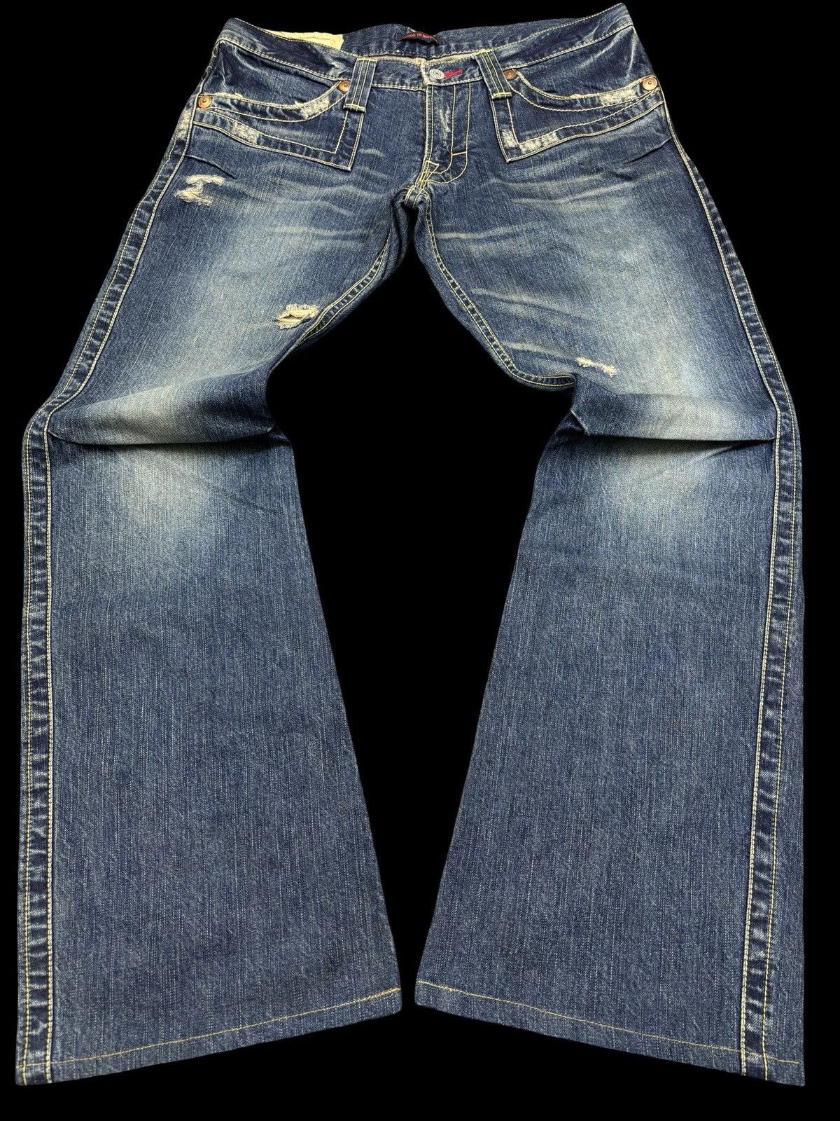 Japanese Brand 💥Super Flare💥Vintage Blue Way Flare Distressed Denim F803 Size US 34 / EU 50 - 1 Thumbnail