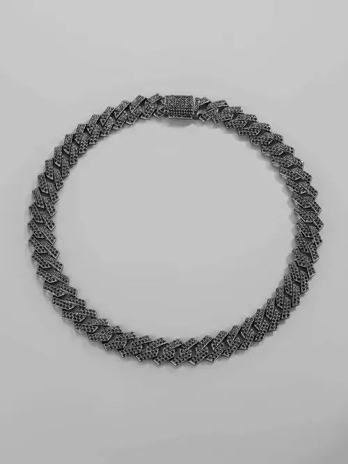 Jewelry x Racing Retro Punk Rhinestone Silver Chain Necklace Black, Men's