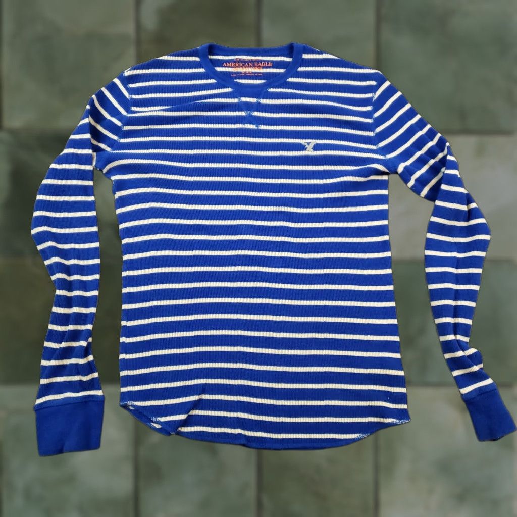 American Eagle Outfitters American Eagle Long Sleeve Striped Crew Neck Mens Slim Fit Medium Blue Cotton Shirt Size US M / EU 48-50 / 2 - 1 Thumbnail