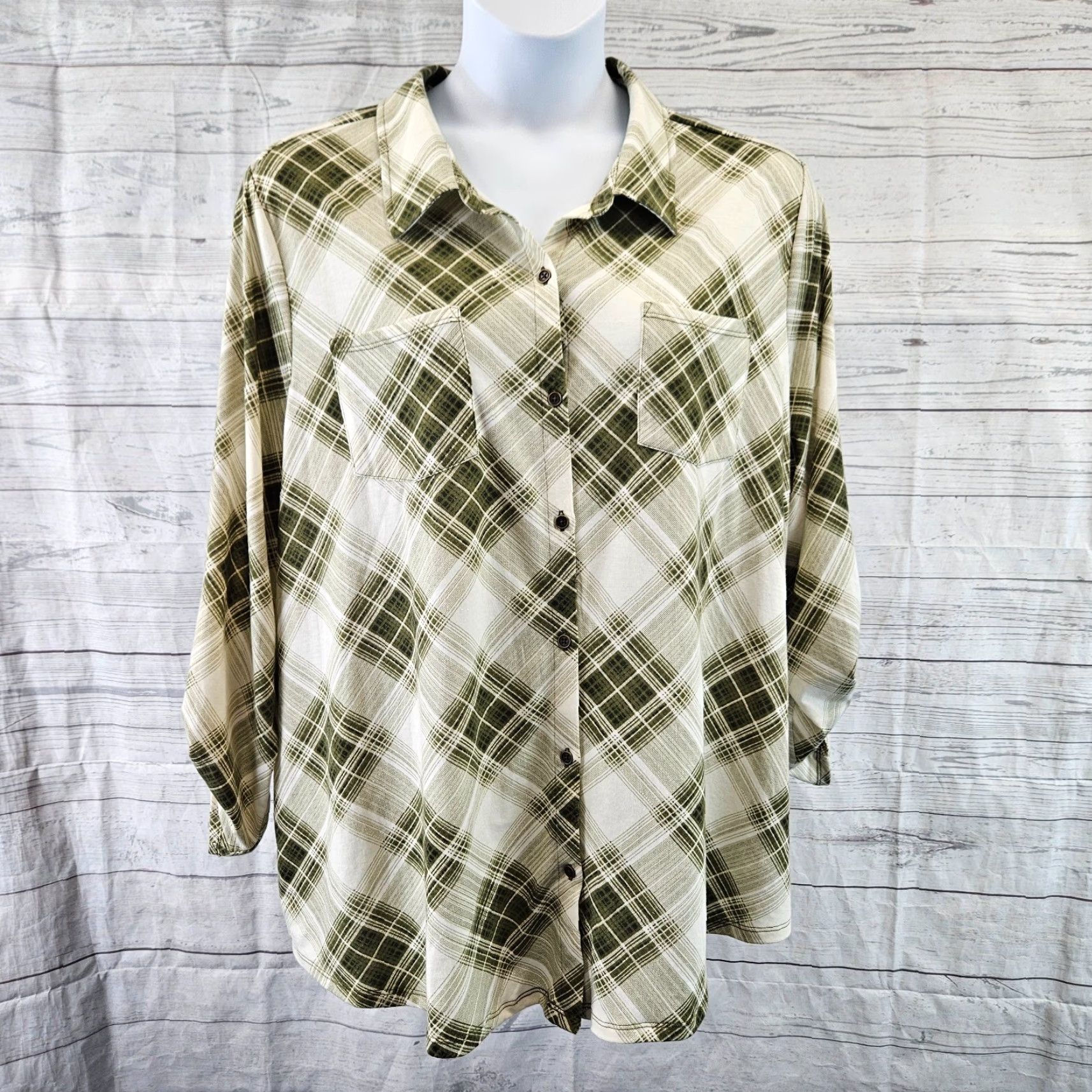 Vintage Catherines Button Front Top Womens 2X Green Plaid Long Sleeve Shirt Size XXL / US 16-18 / IT 52-54 - 2 Thumbnail
