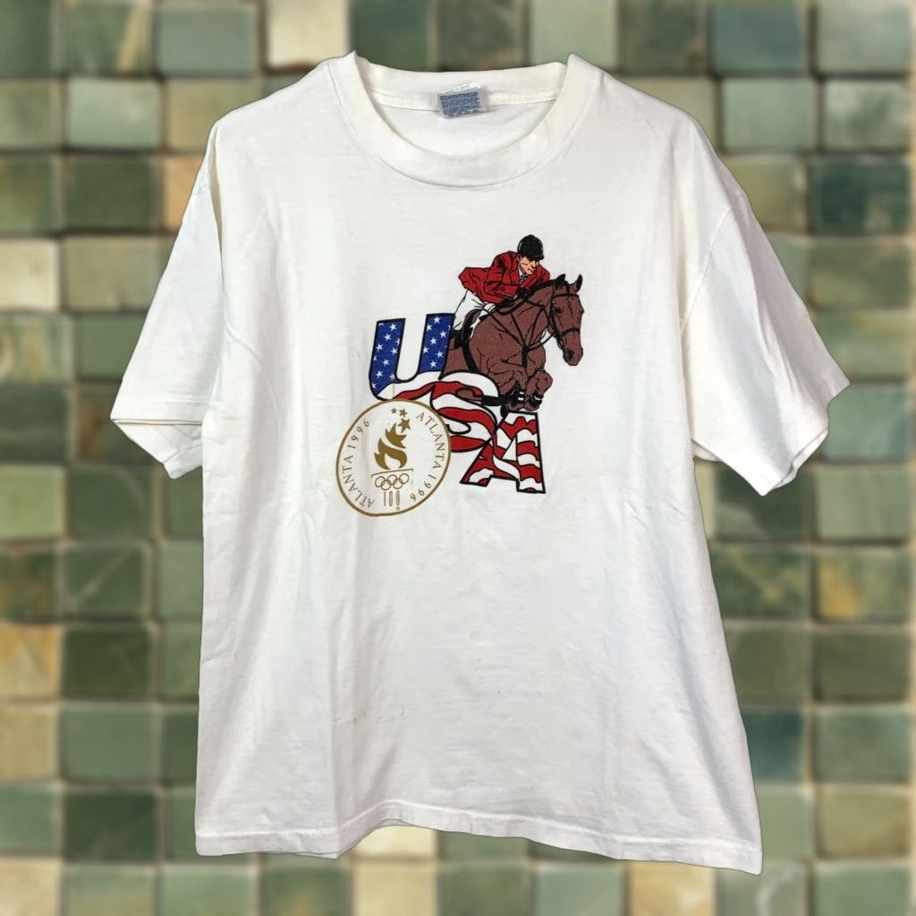 Hanes VINTAGE Hanes T-Shirt Atlanta Olympics 1996 Graphic Print White Cotton Unisex Adults L Short Sleeve Crew Neck Modern Classic Size US L / EU 52-54 / 3 - 1 Thumbnail