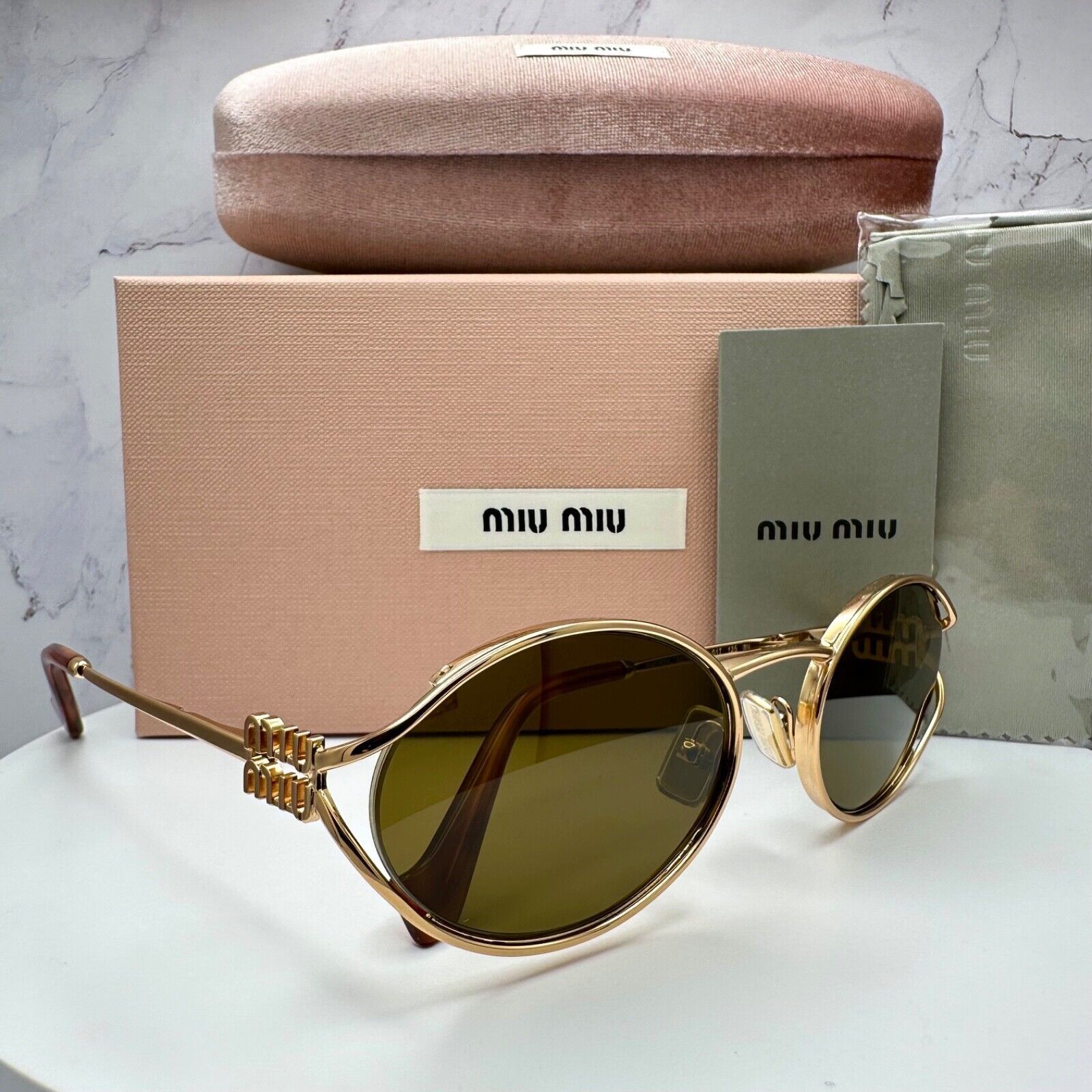 New MIU MIU Sunglasses Gold Oval Skinny Metal Frame Italy