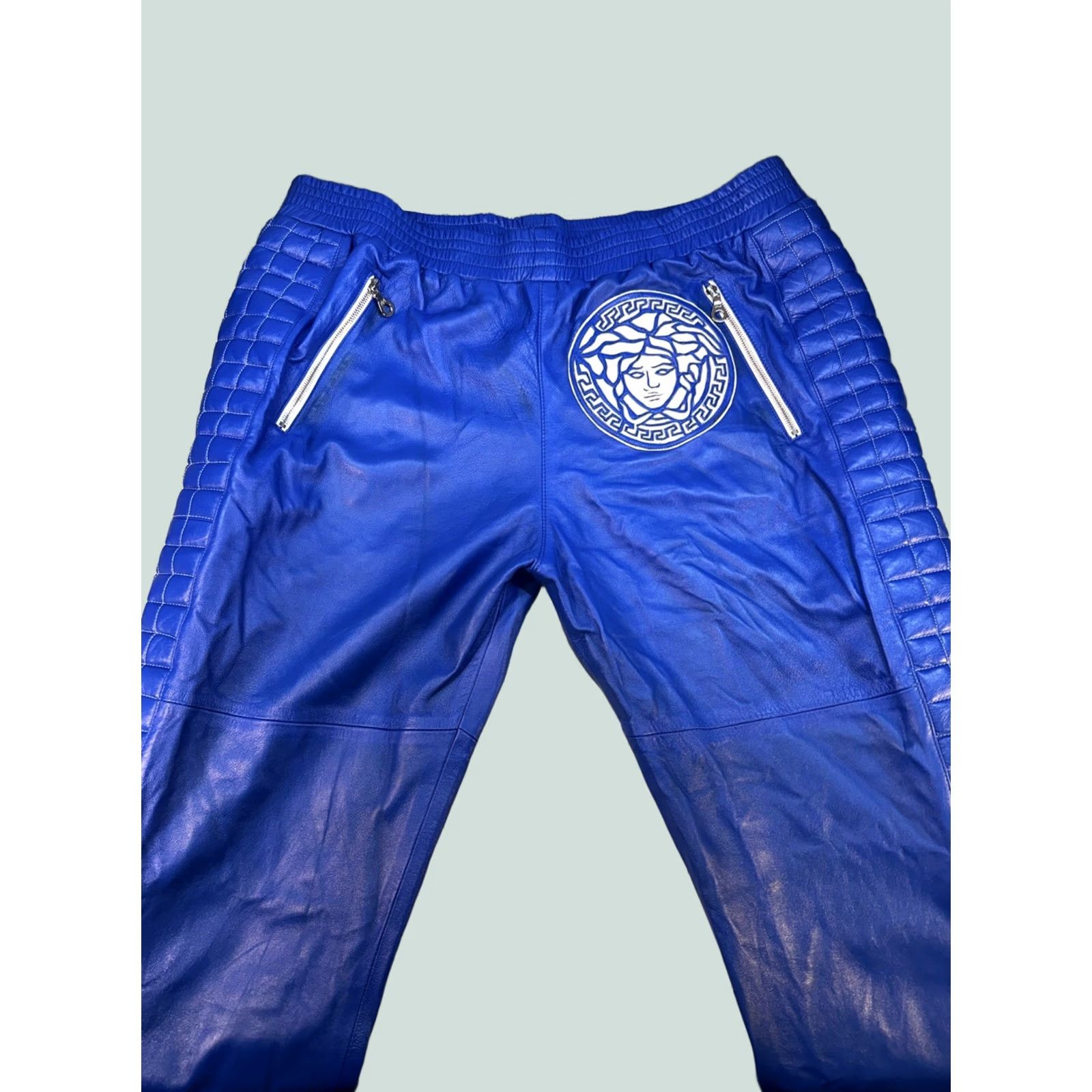 Vintage Blue Leather Moto Biker Pants 42x34 Medusa RiRi Zippers Quilted Men XS? Size US 42 / EU 58 - 1 Thumbnail