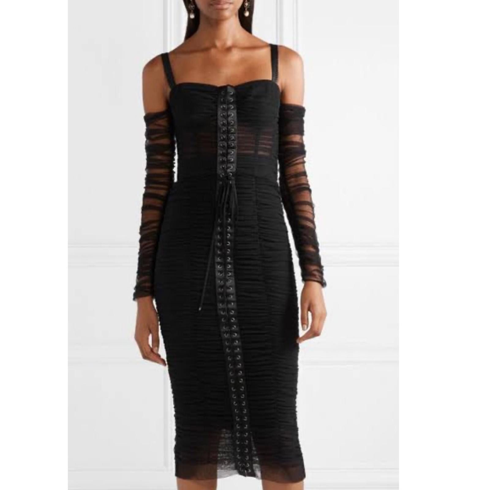 Dolce & Gabbana Dolce & Gabbana LACE-UP STRETCH-TULLE MIDI DRESS IN BLACK Size XS / US 0-2 / IT 36-38 - 6 Thumbnail