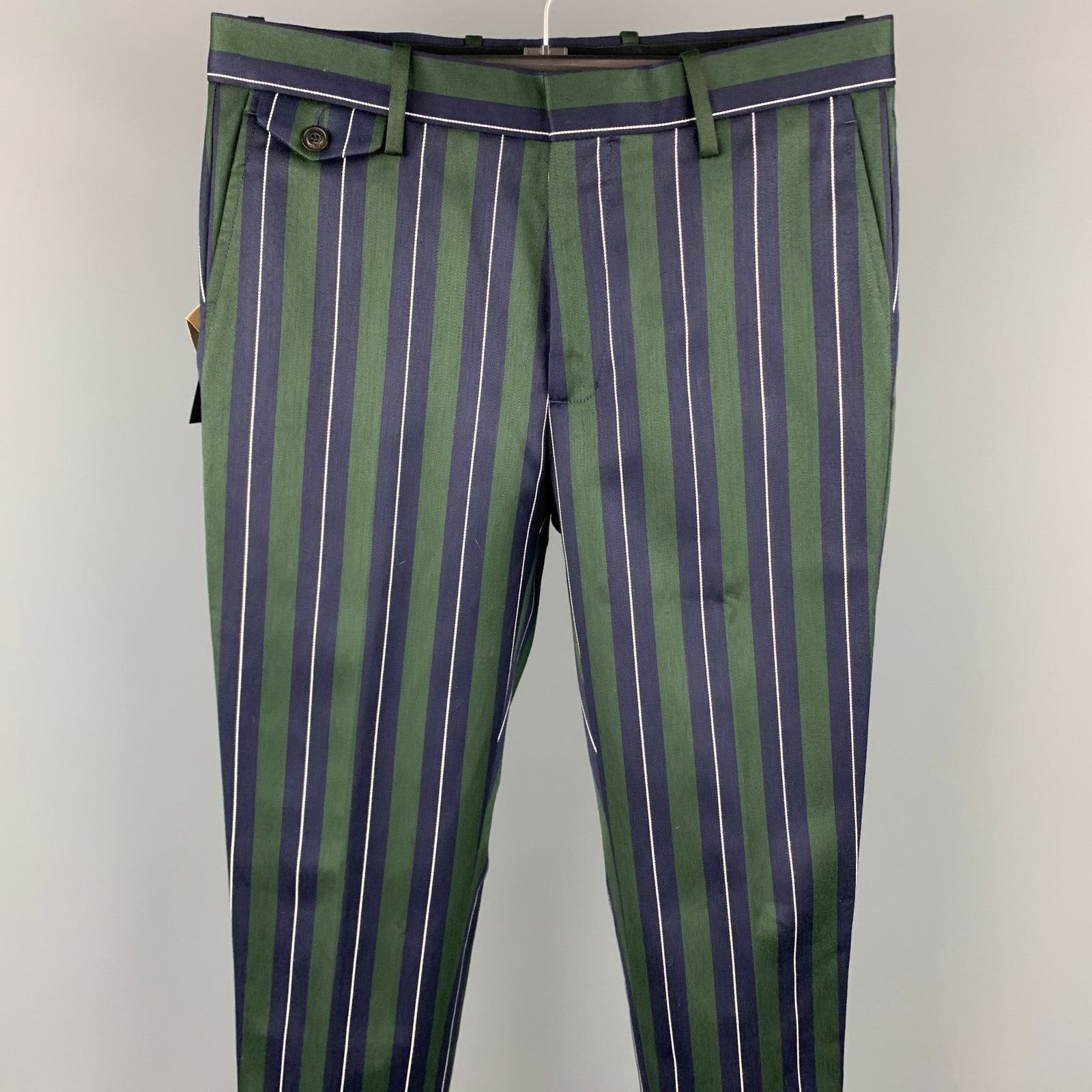 Burberry Regular Green & Navy Vertical Stripe Wool/Cotton Notch Lapel Size 36R - 6 Thumbnail