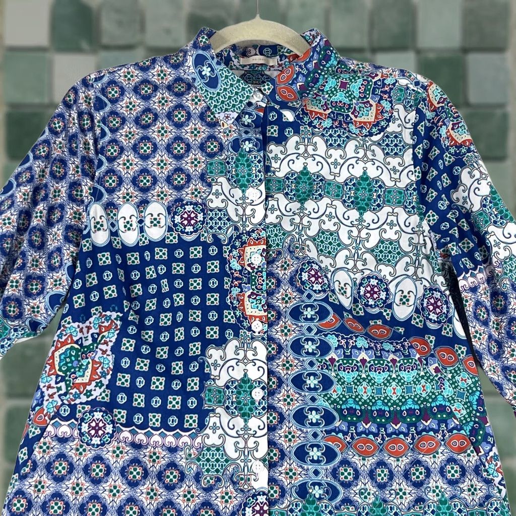 Vintage Chico's Button-Up Shirt Womens Small Blue Mixed Media 3/4 Sleeve Casual Size S / US 4 / IT 40 - 1 Thumbnail