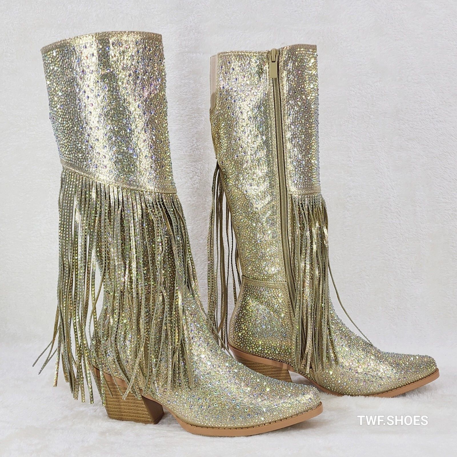 Other Western Diva Gold Asymmetrical Fringe Rhinestone Glam Cowgir Size US 8.5 / IT 38.5 - 5 Thumbnail