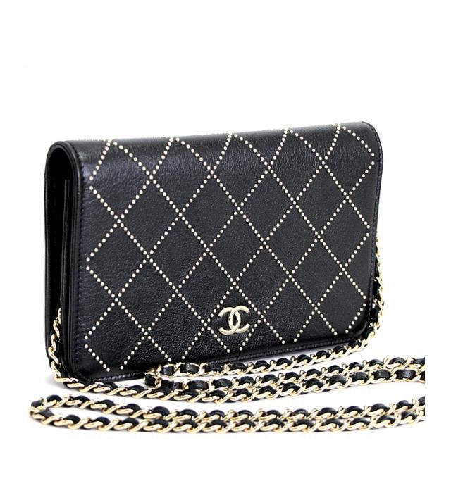 Chanel Chain Wallet Studs Black Leather G Metal Fittings