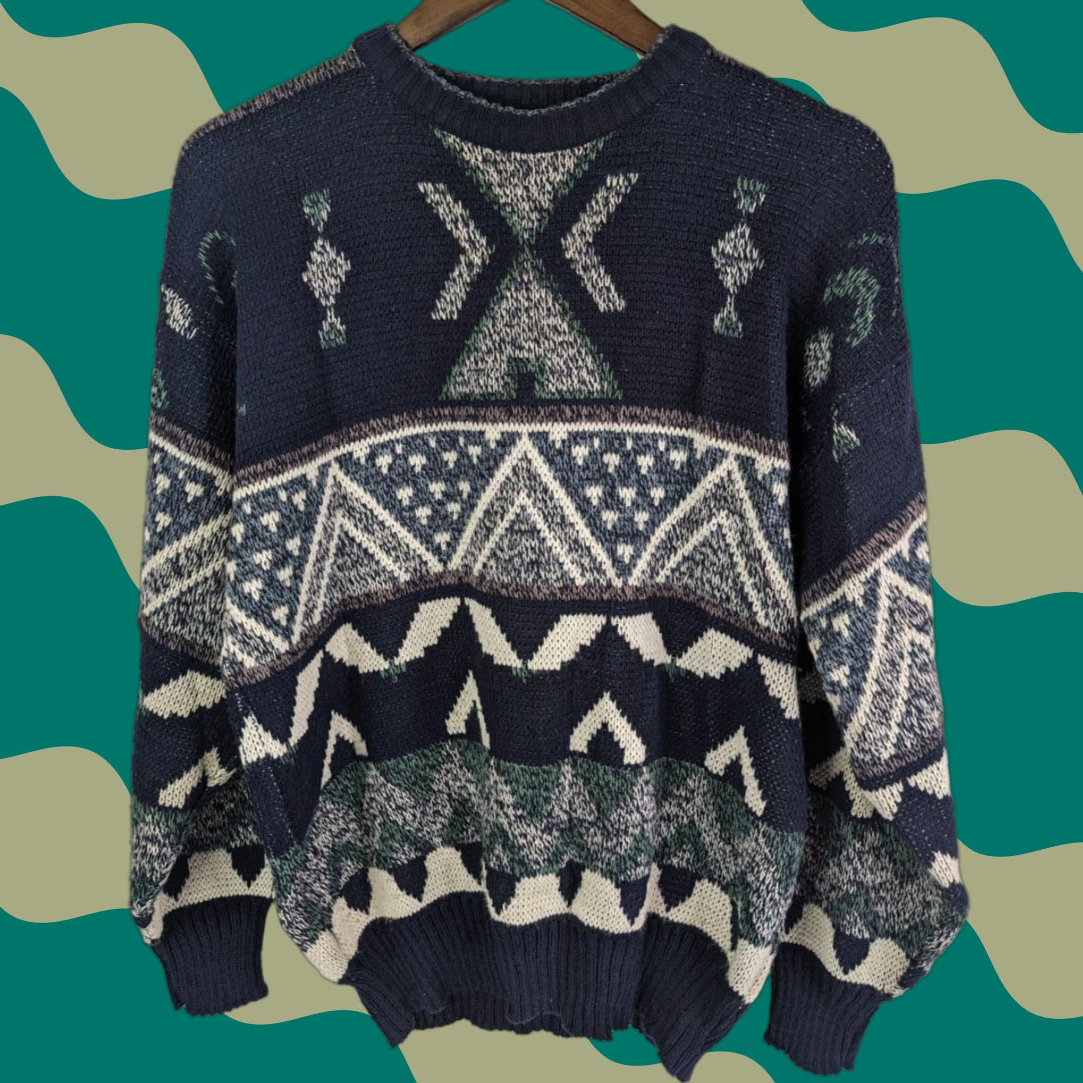 Vintage VINTAGE Michael Gerald Grandpa Sweater Geometric Crewneck Knit Men M Blue Aztec Size US M / EU 48-50 / 2 - 1 Thumbnail