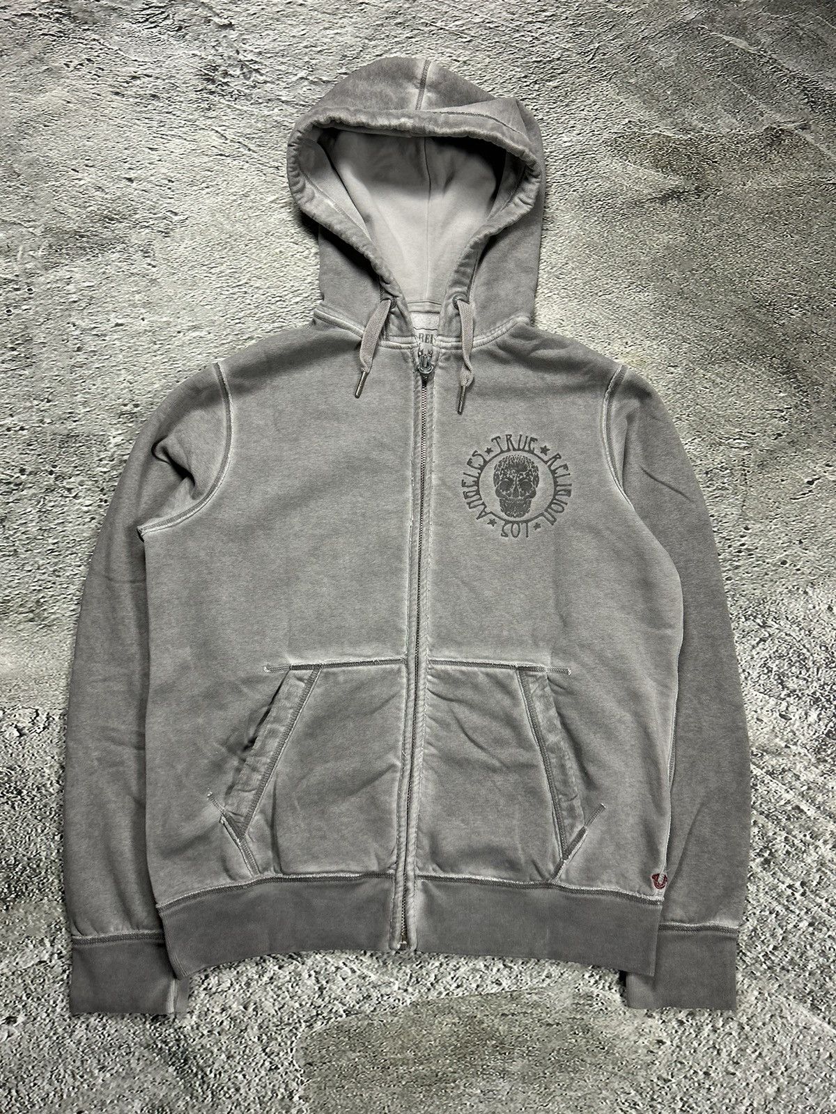 image of True Religion Vintage Grey Zip Hoodie Big Logo Skull Y2K, Men's (Size XL)