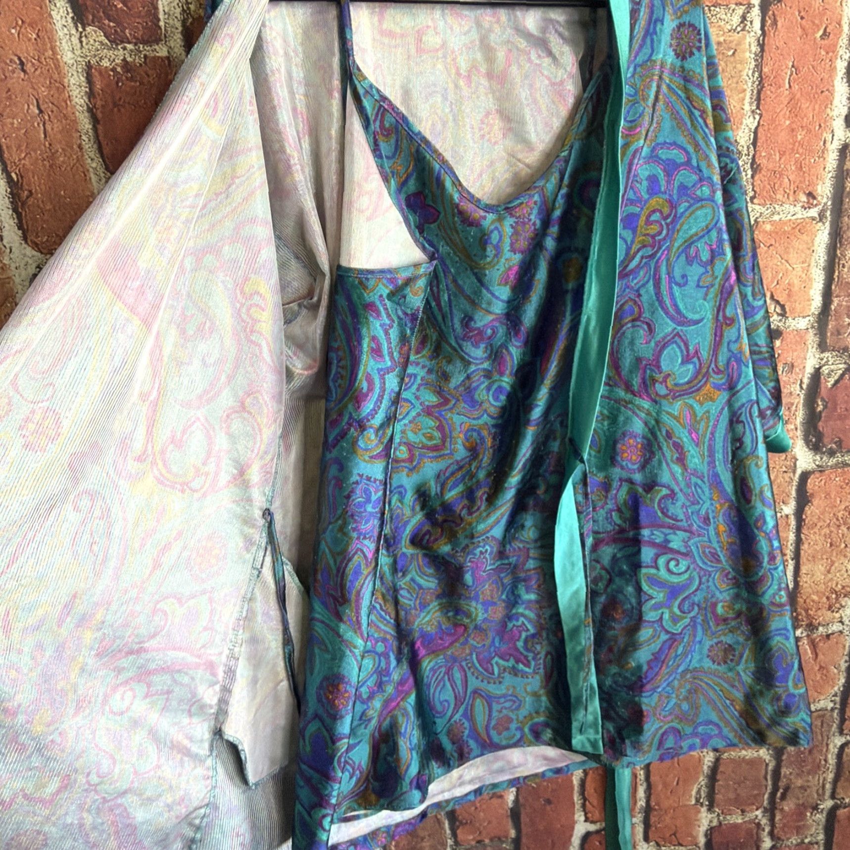 Vintage VINTAGE Frederick's of Hollywood Robe Nightgown Set 1X Blue Satin Polyester Sleeveless V-Neck Tie Adjustable Straps Women Pants? Size ONE SIZE - 3 Thumbnail