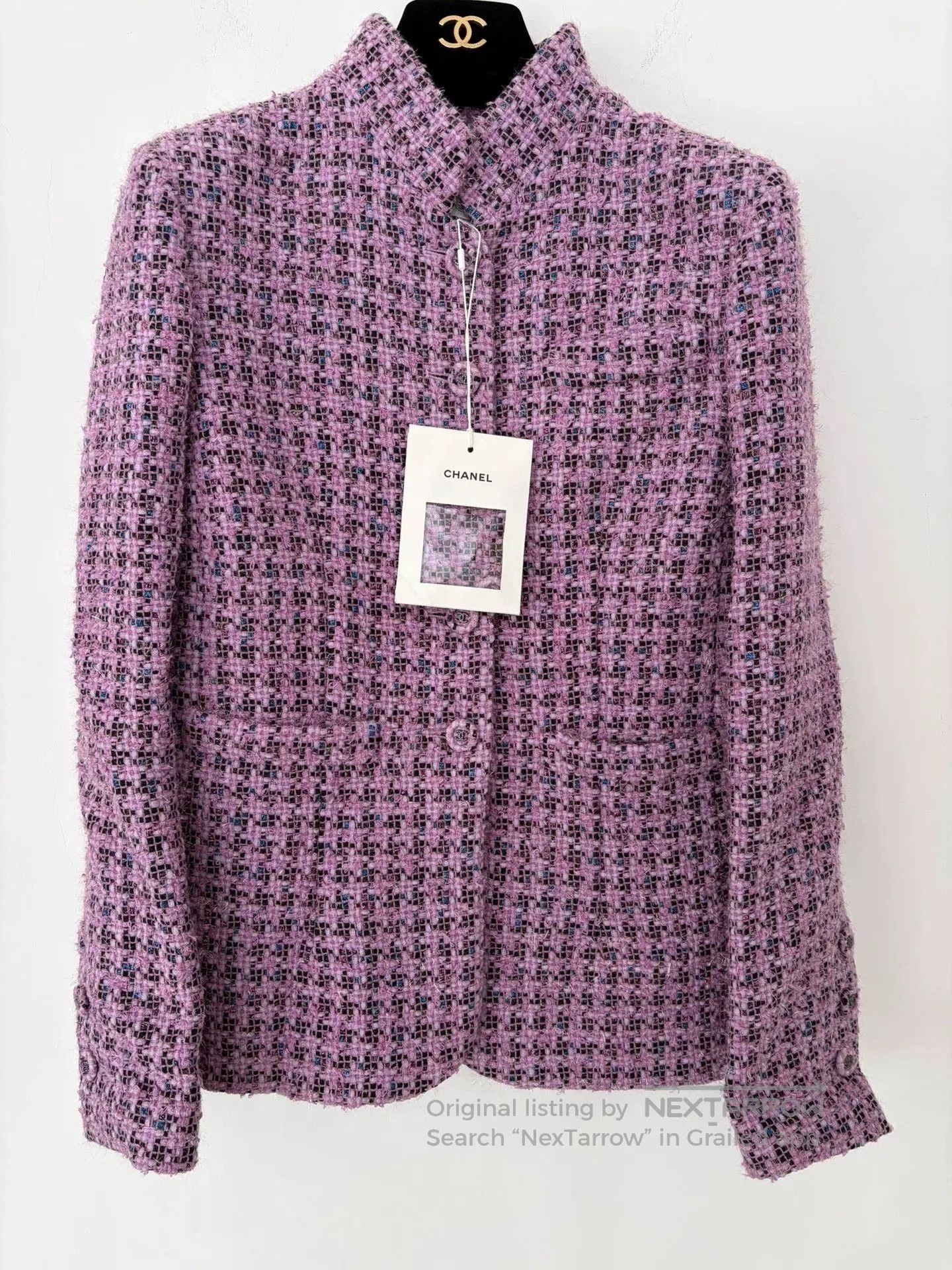 Chanel Purple Houndstooth Wool Stand-Collar Coat.