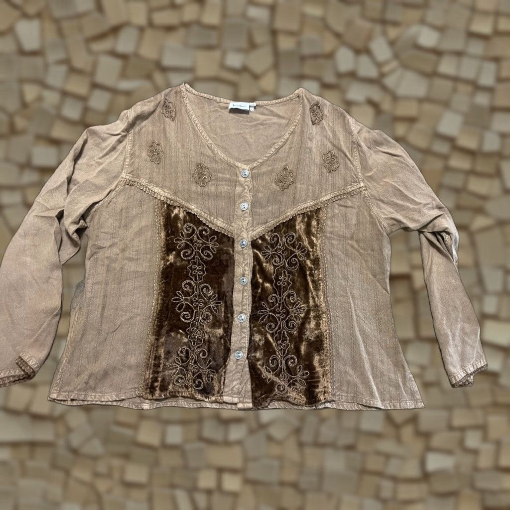 Vintage Vandana Blouse Women's L/XL Brown Long Sleeve Button Up V-neck Shirt Ladies Modern Fall Spring Summer Size L / US 10 / IT 46 - 1 Thumbnail