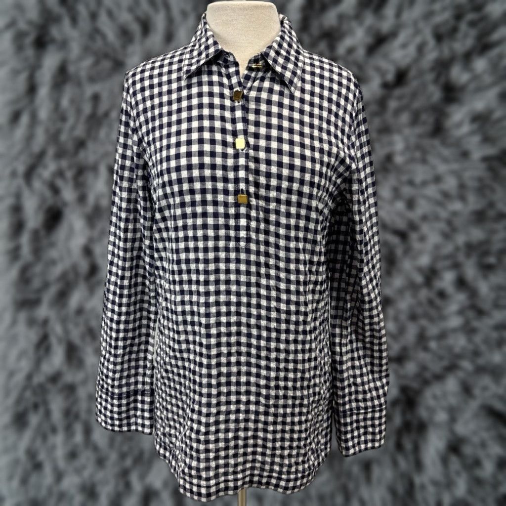 Tory Burch VINTAGE Tory Burch Gingham Shirt Tunic Women’s Size 10 Navy White Check Popover Blouse Womens Size L / US 10 / IT 46 - 1 Thumbnail