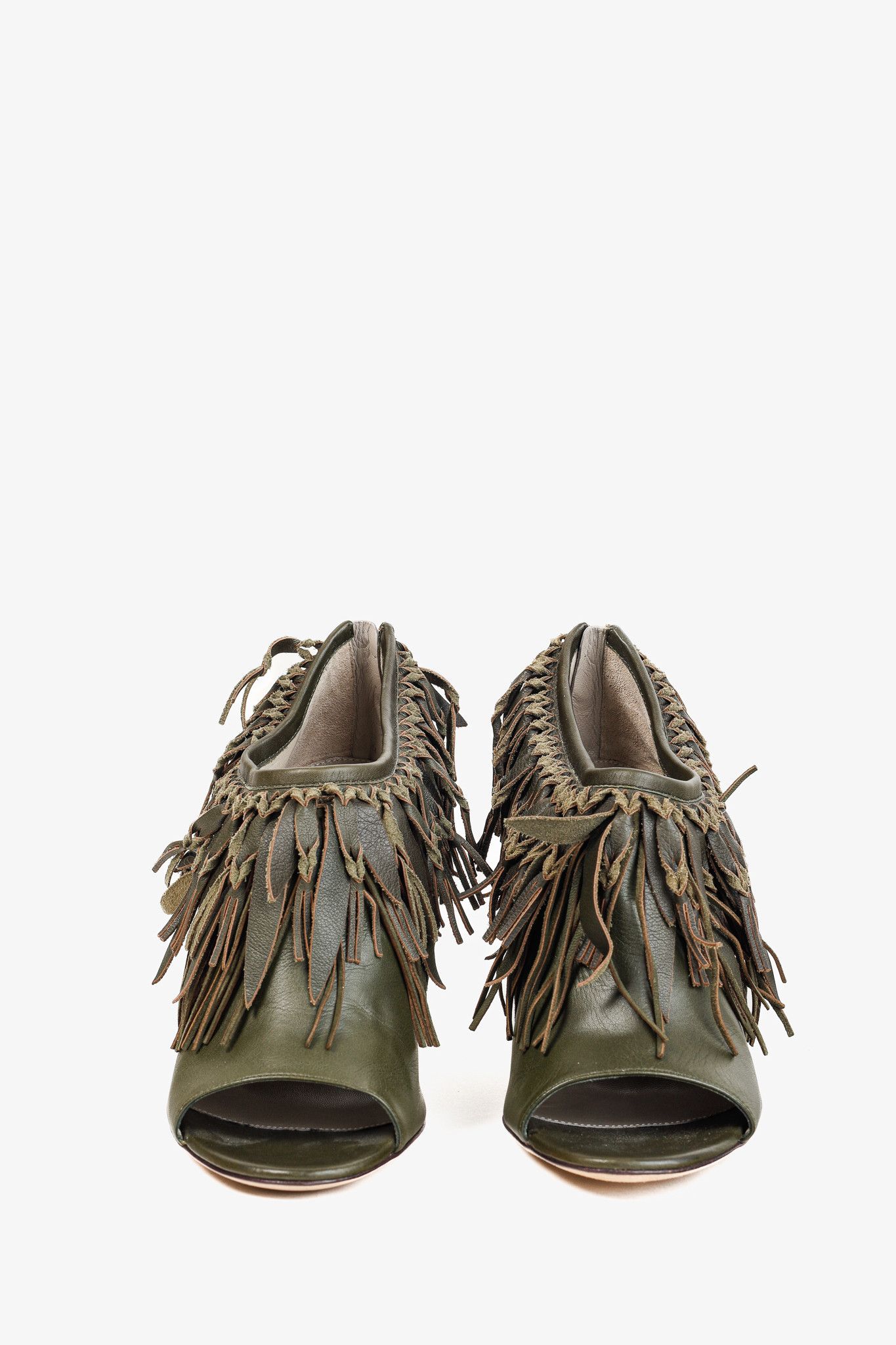 Sergio Rossi Sergio Rossi Green Leather Fringe Peep-Toe Bootie Size US 7.5 / IT 37.5 - 2 Thumbnail