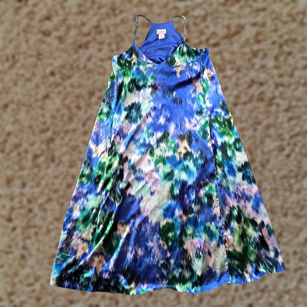 Nicole Miller Nicole Miller Dress Womens Size S Blue Green Watercolor Midi Casual Resort Satin Sheath Pockets V-Neck Sleeveless Pullover Microgeometric Pattern Size S / US 4 / IT 40 - 1 Thumbnail