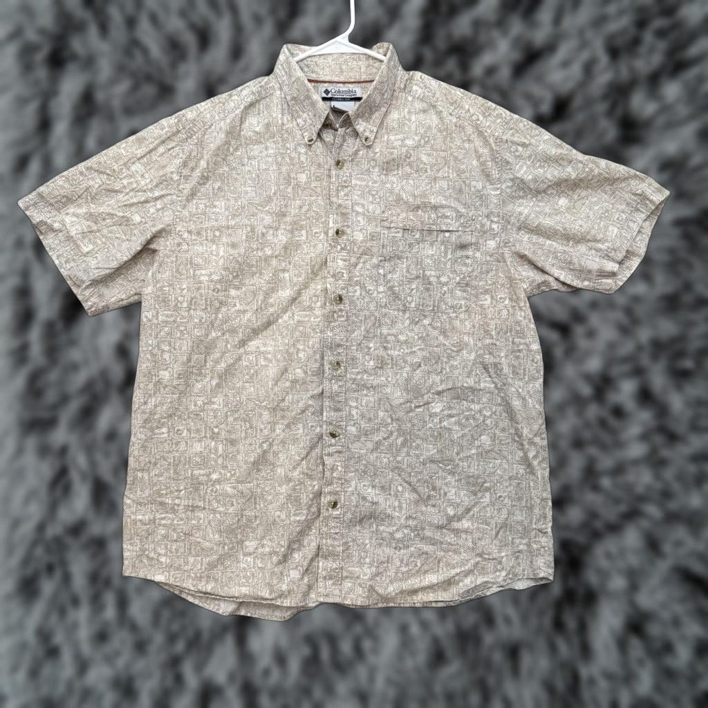 Vintage Columbia Shirt Mens Large Beige Short Sleeve Button-Up Coastal Vacation Beach Geometric Pattern Size US L / EU 52-54 / 3 - 1 Thumbnail