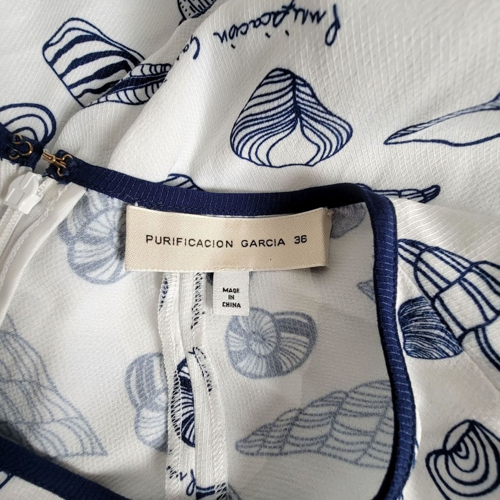 Vintage Purificacion Garcia Womens White Navy Seashell Print Tie-Sleeve Dress Size 36 Size XS / US 0-2 / IT 36-38 - 4 Thumbnail