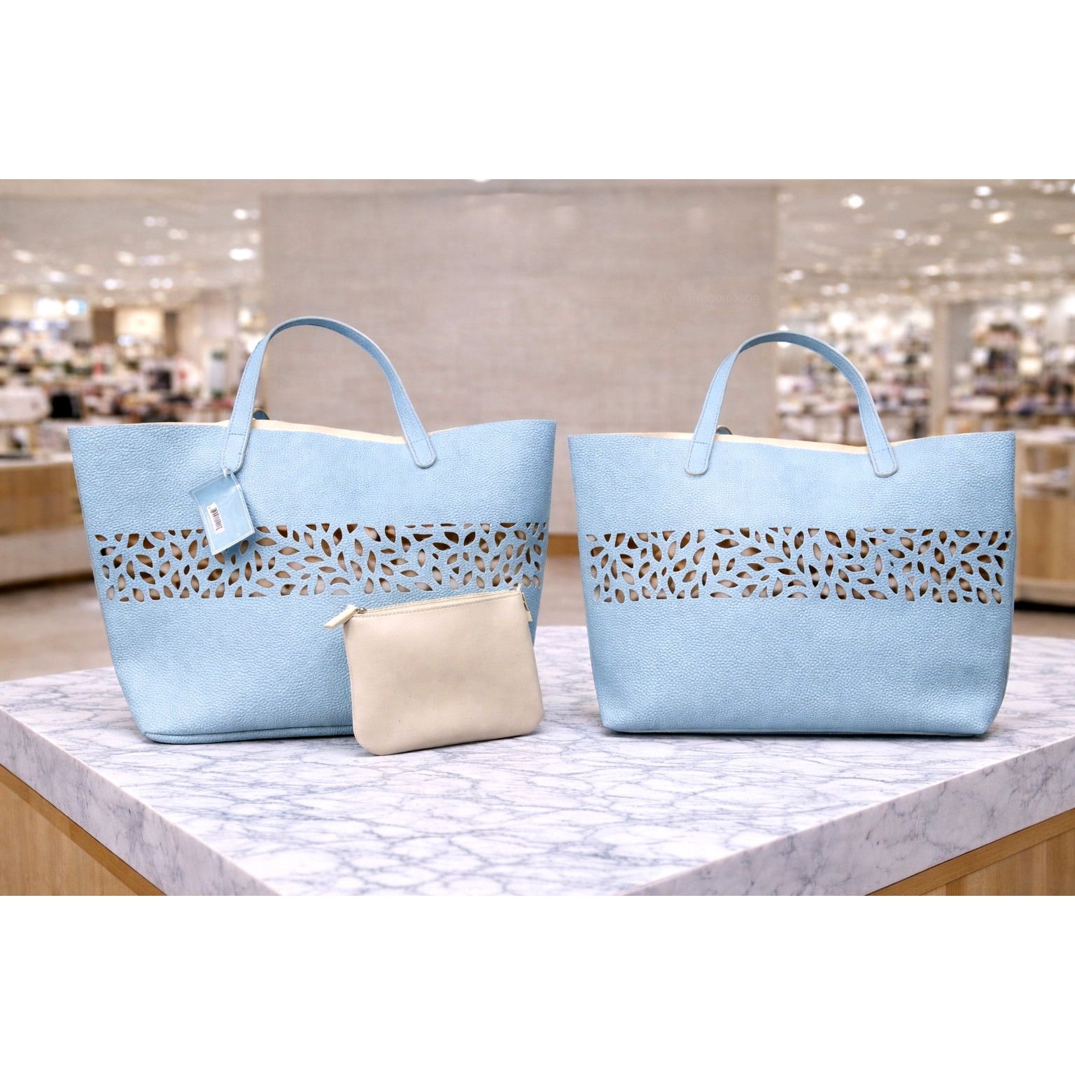 Other Laser Cut Light Blue Faux Pebble Leather Tote Bag with pouch Size ONE SIZE - 1 Thumbnail