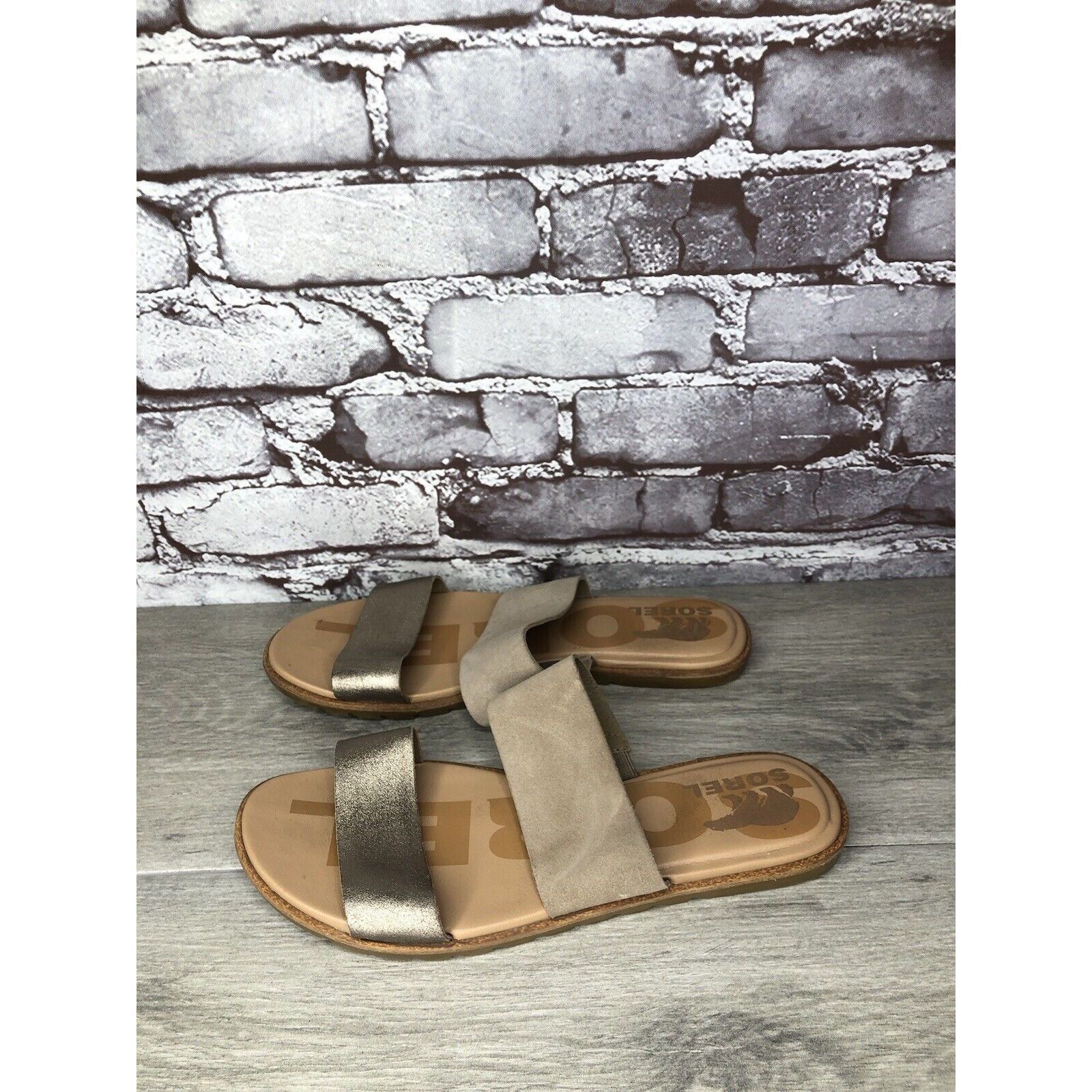 SOREL Sorel Taupe Suede Gold Leather Slides Sandals Women Sz 8.5M Size US 8.5 / IT 38.5 - 12 Thumbnail