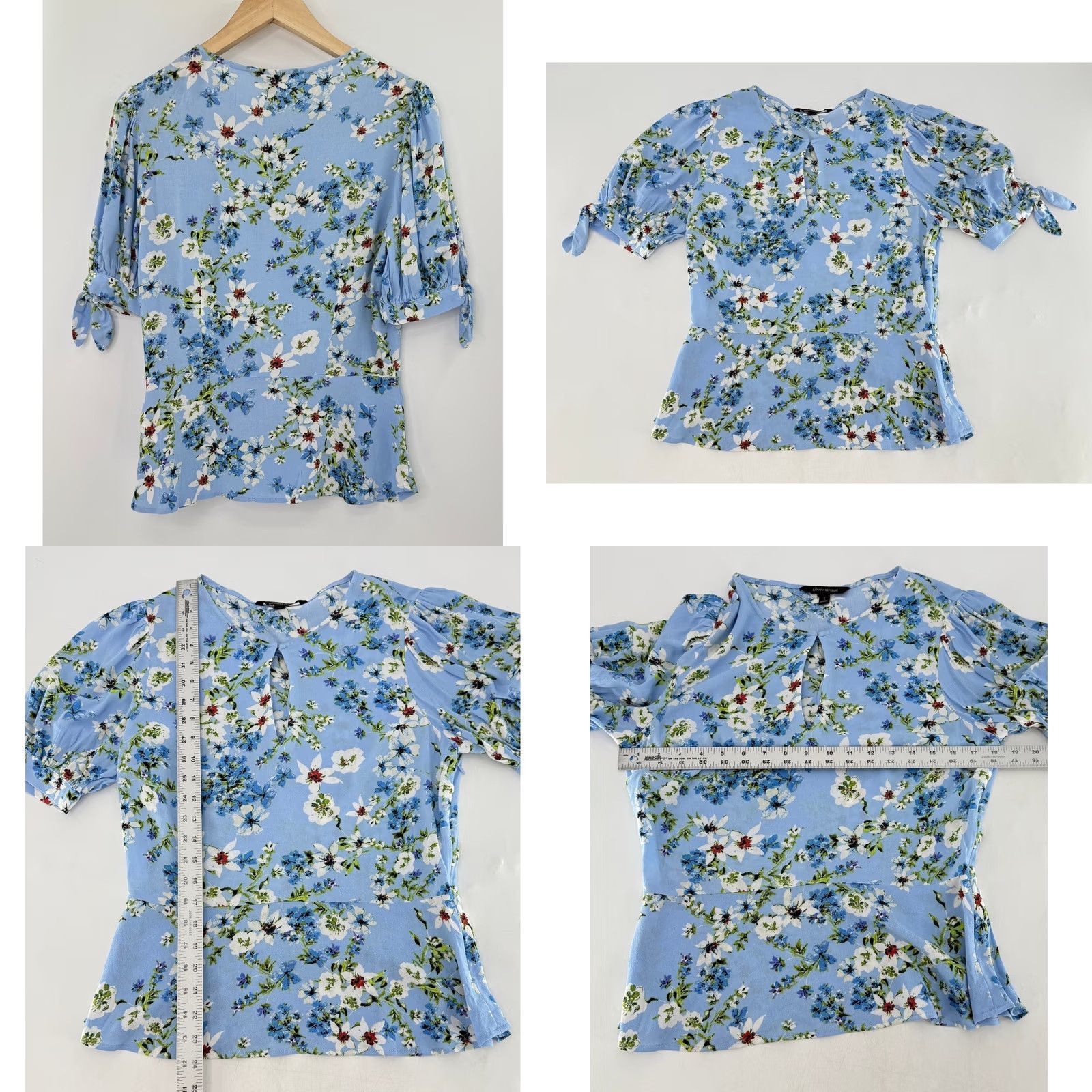 Banana Republic Banana Republic Floral Peplum Top Sm Light Blue Keyhole Tie Sleeve Romantic Boho Size S / US 4 / IT 40 - 8 Thumbnail