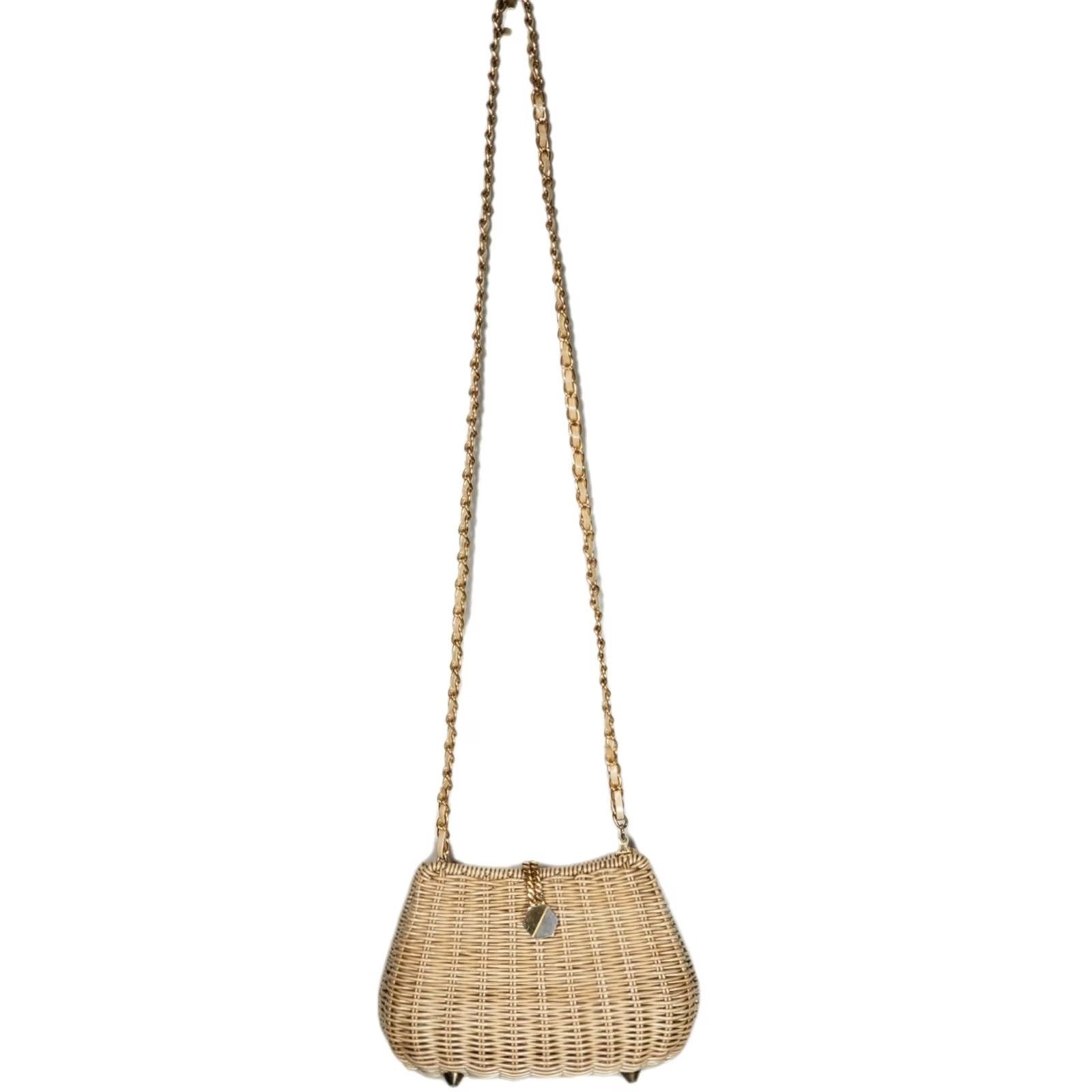 Asket VINTAGE Crossbody Bag Natural Wicker Woven Basket with Metal Foldover Clasp, Vinyl Coated, Small, Classic Retro, Womens Size S / US 4 / IT 40 - 2 Thumbnail