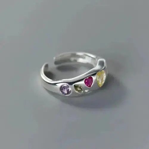 Jewelry Colorful Gemstone Adjustable Silver Ring Size ONE SIZE - 4 Thumbnail