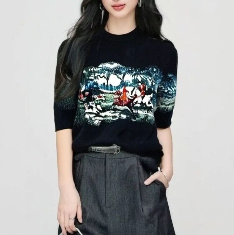 Dior Dior Black Wool Print Short Sleeve Sweater 0089 Size S / US 4 / IT 40 - 1 Thumbnail