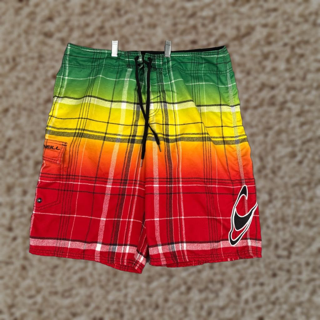 O'Neill VINTAGE: No (not vintage) — O'Neill Swim Trunks Mens 35 Red Green Stripe Board Shorts Polyester 35x11 Size US 35 - 1 Thumbnail