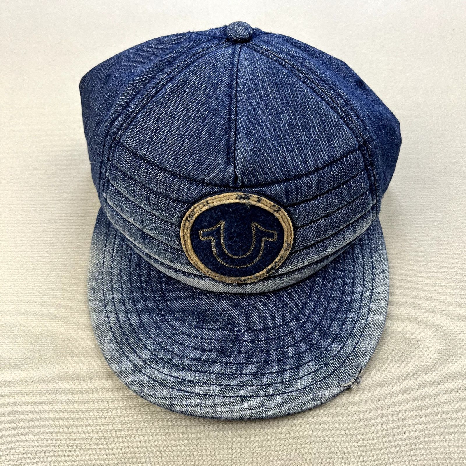 True Religion Hat Strapback Blue Denim Horseshoe Logo Faded