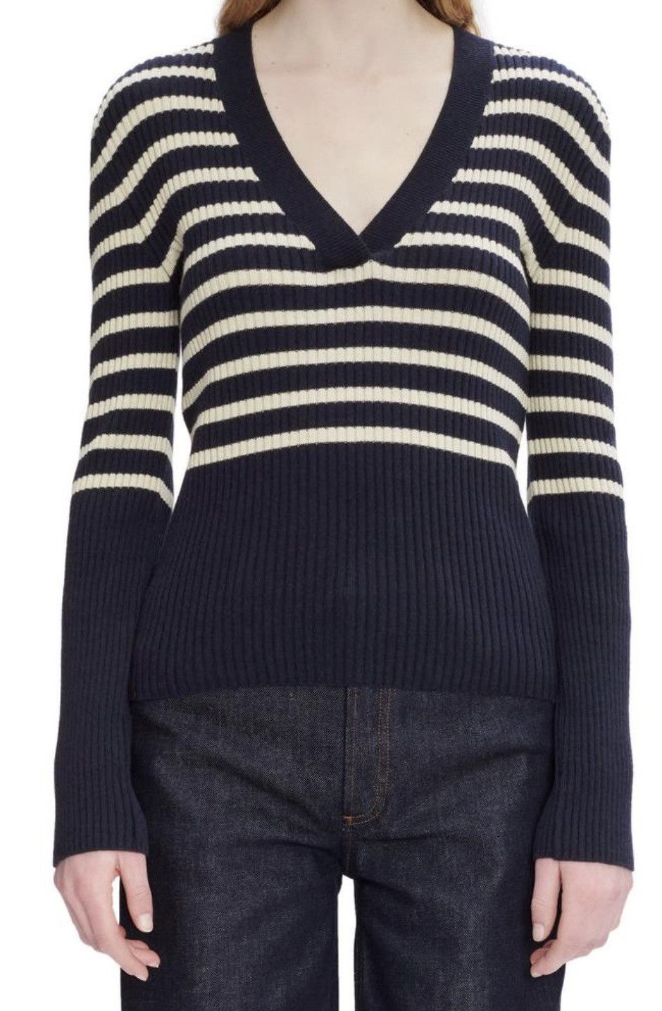 A.P.C. A.P.C. Women's V-Neck Sweater in Dark Navy and Ecru Stripes Size XS / US 0-2 / IT 36-38 - 5 Thumbnail