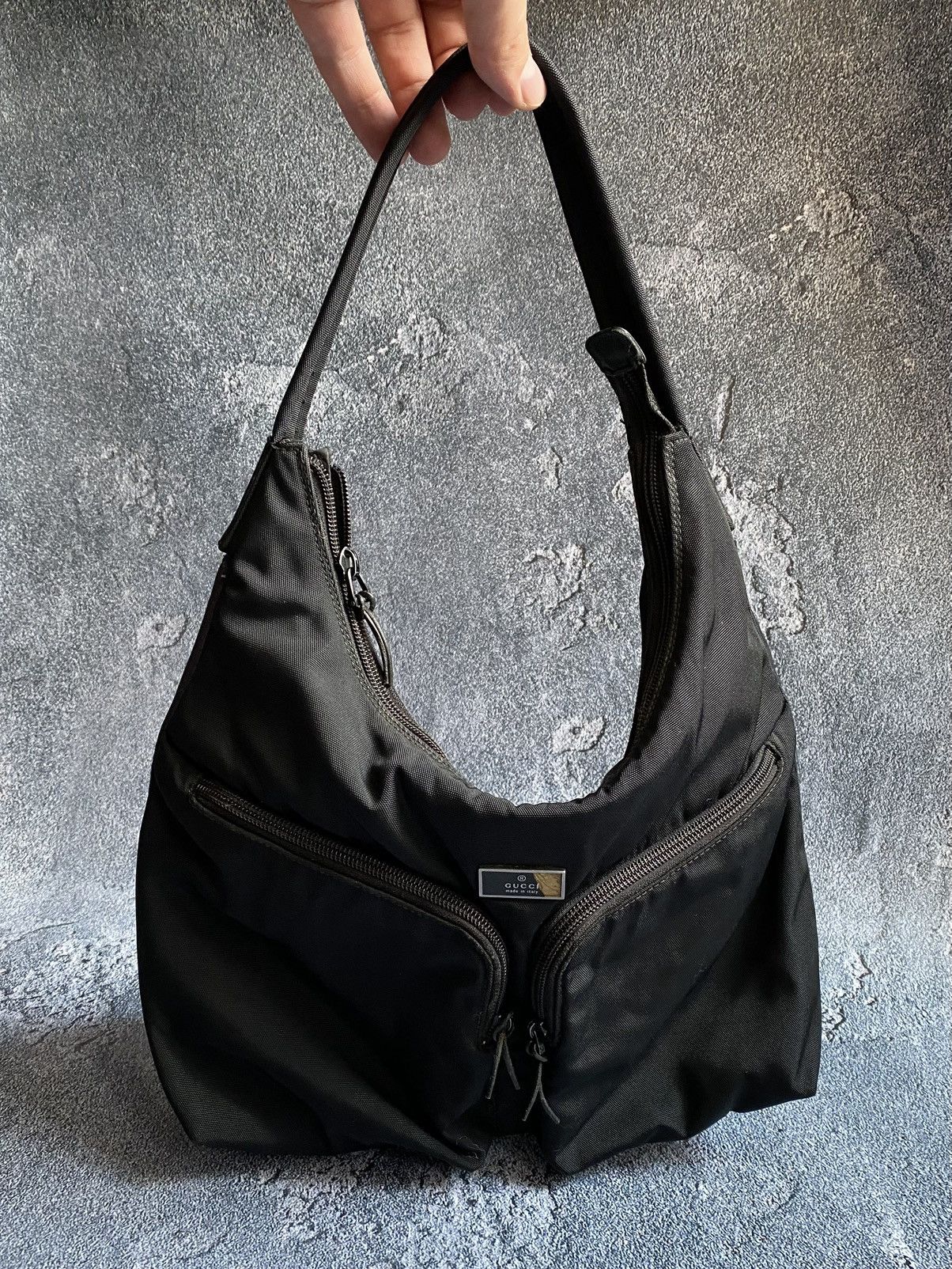 Gucci Vntg Nylon Black Logo Cargo Shoulder Tote Bag, Women's