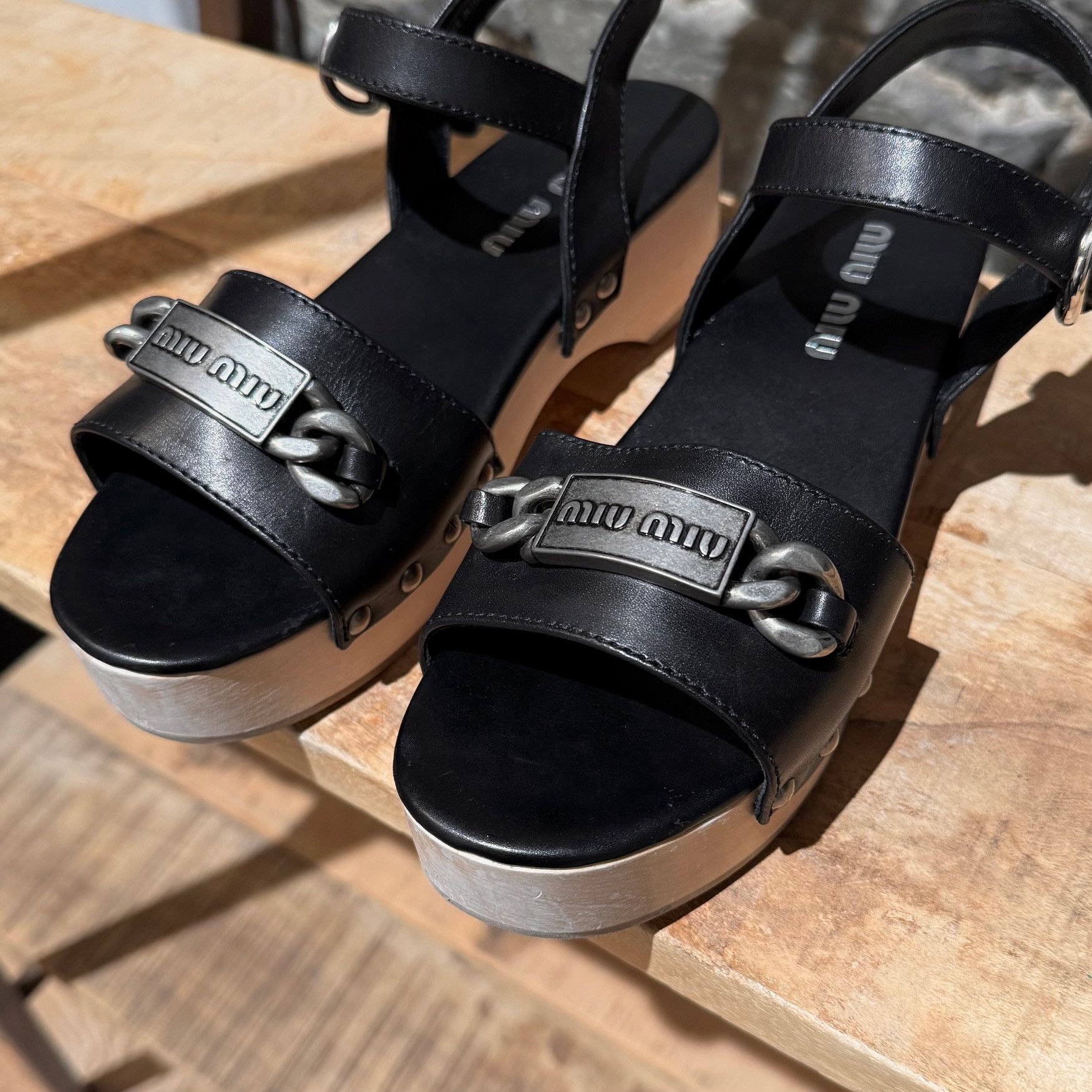 Miu Miu Miu Mu Black Leather Wood Clogs Studded Sandals Size US 7 / IT 37 - 4 Thumbnail