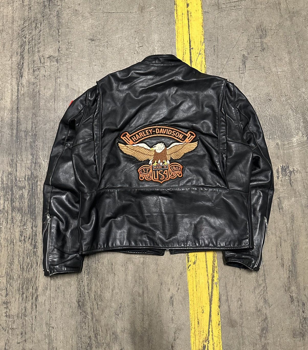 image of Harley Davidson x Vintage Leather Harley Patch Biker Jacket in Black, Men's (Size XL)