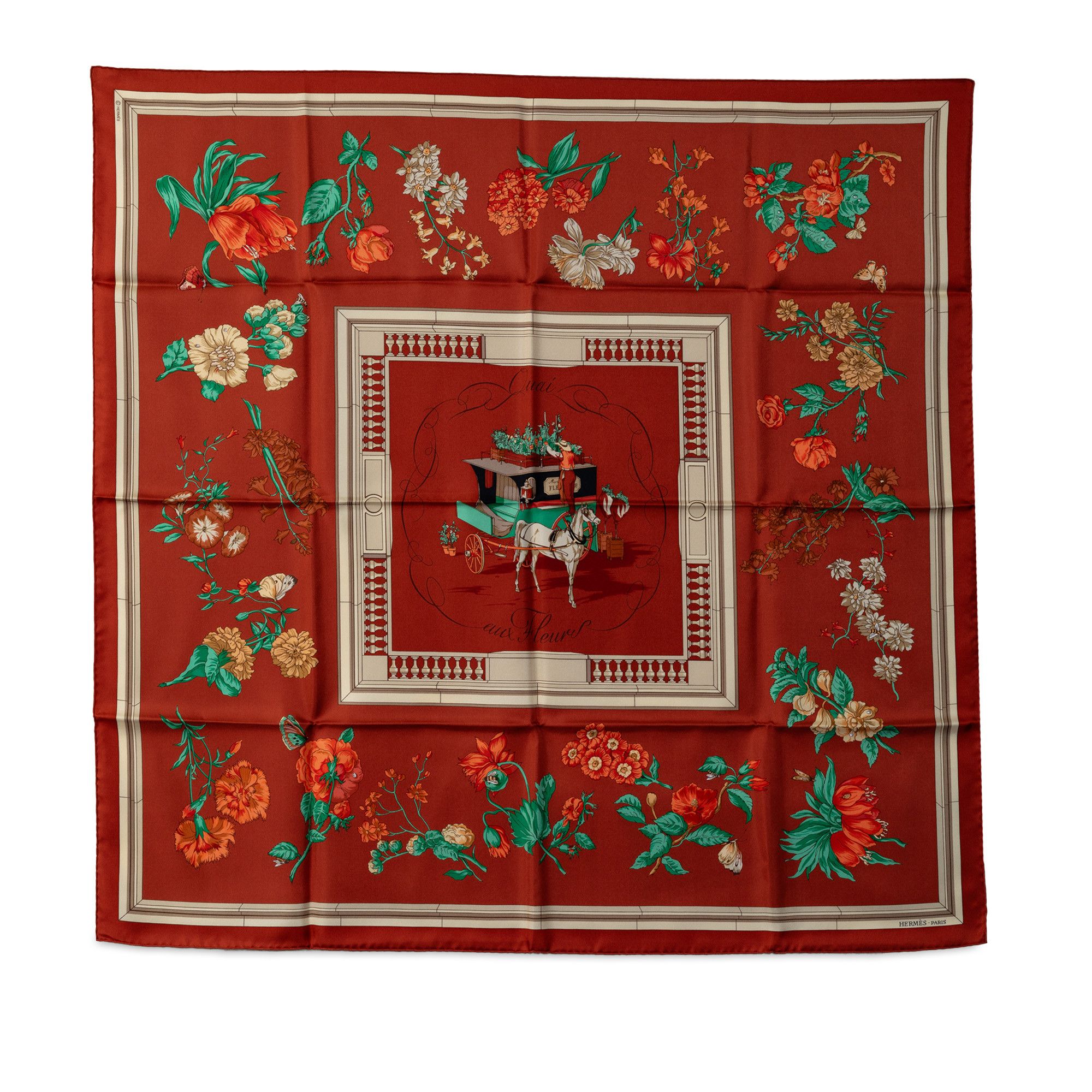 image of Hermes Quai Aux Fleurs Silk Scarf in Red, Women's