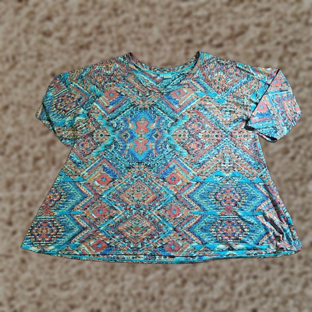Vintage Tianello Top Womens 3X Black Green Abstract Burnout Sheer Aztec Southwest Tunic Shirt Ladies 3X Green Aztec Burnout Sheer 3/4 Sleeve Women's Blouse Size XXL / US 16-18 / IT 52-54 - 1 Thumbnail