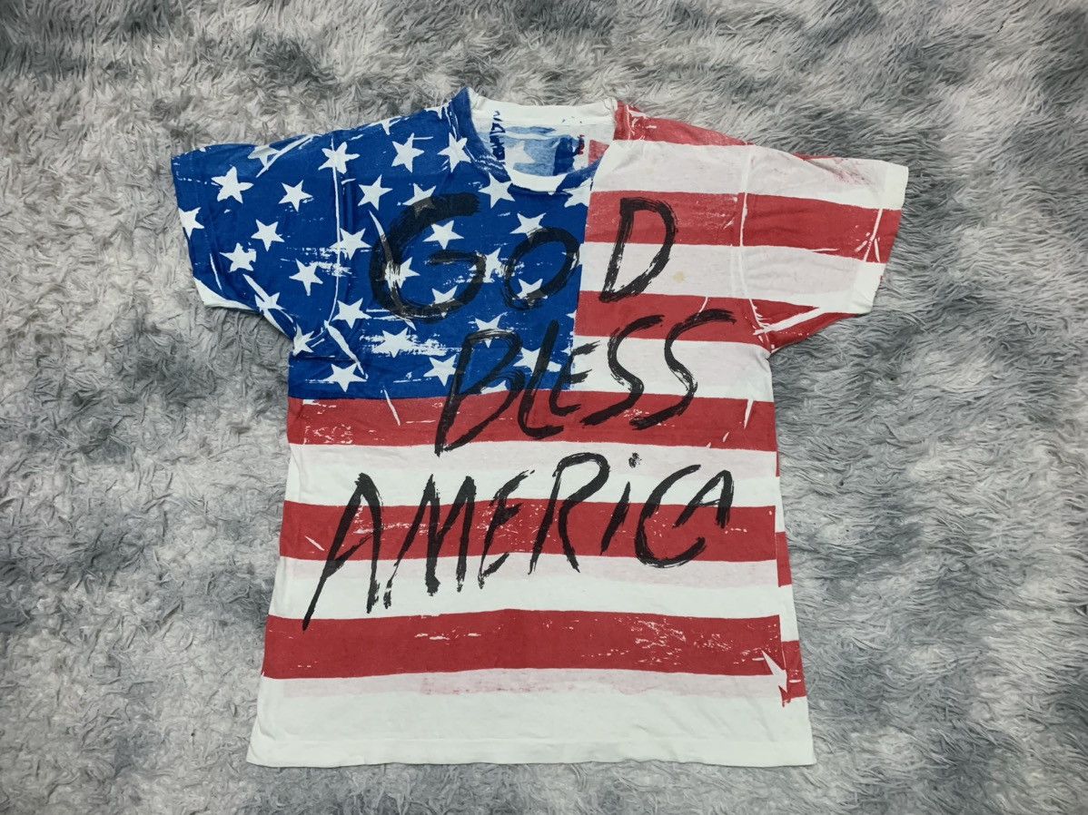 image of Made In USA 80's God Bless America Fullprint T Shirt in Red, Men's (Size Large)