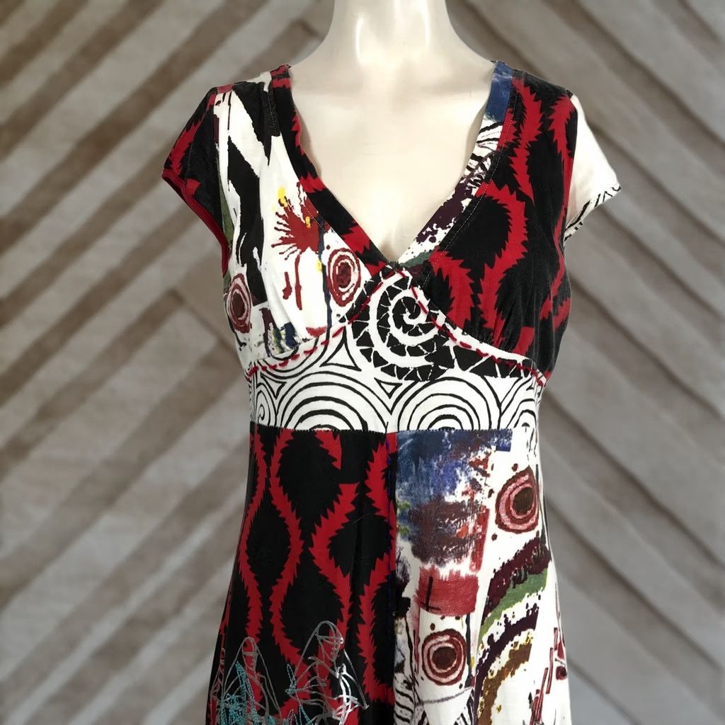Vintage Kessley Women's Midi Dress V-Neck Cap Sleeve Abstract Print Geometric Art Sundress A-Line Small White Size L / US 10 / IT 46 - 1 Thumbnail