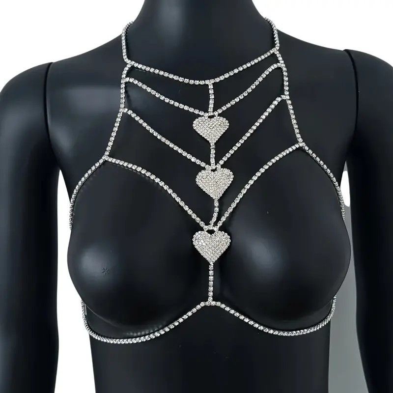 Other Silver Sexy Rhinestone Heart Body Chain Bra Festival Jewelry Size ONE SIZE - 2 Thumbnail