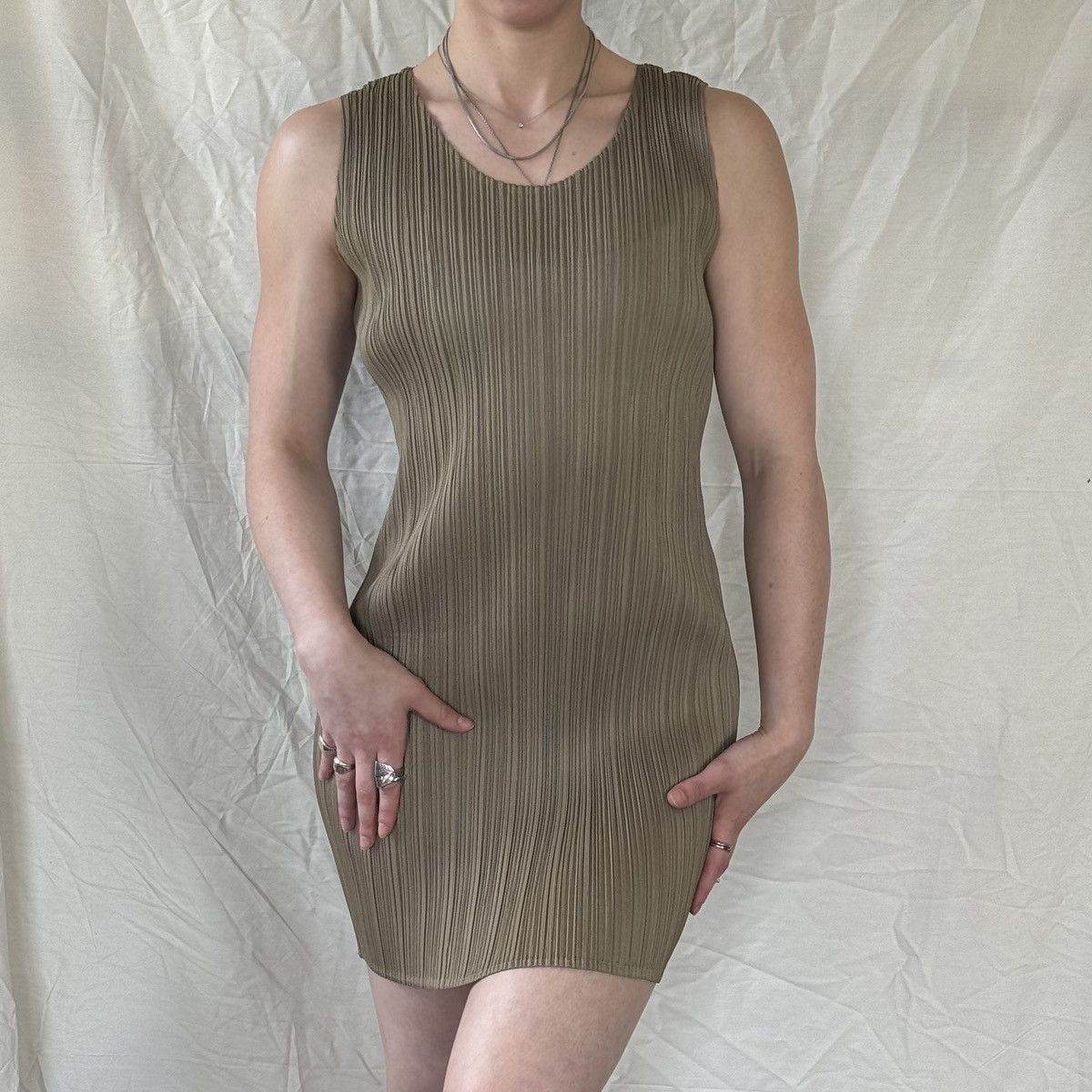 Issey Miyake × Pleats Please Issey Miyake Pleats Please Khaki Mini Tank Dress Size M / US 6-8 / IT 42-44 - 2 Thumbnail