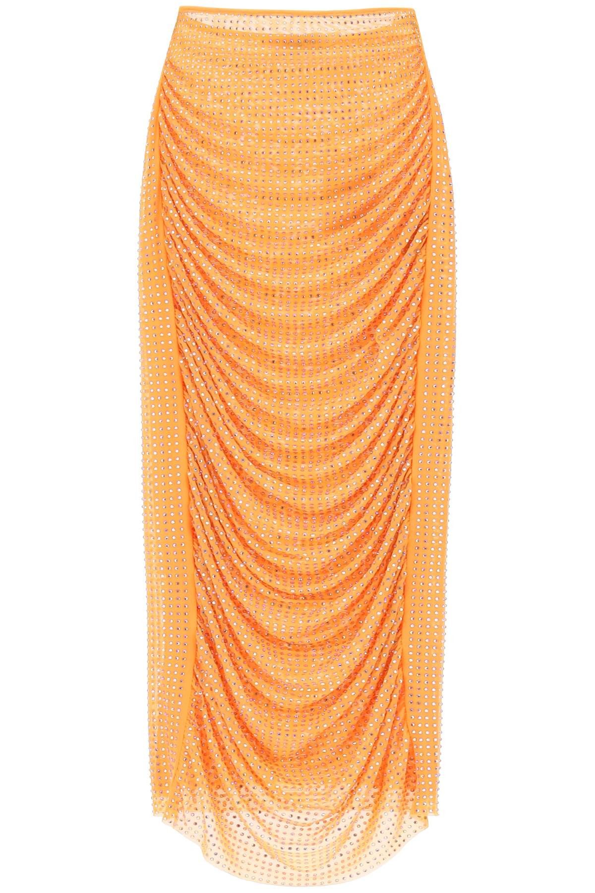 image of Self Portrait Draped Pencil Skirt With Rhinestones in Orange, Women's (Size 27)