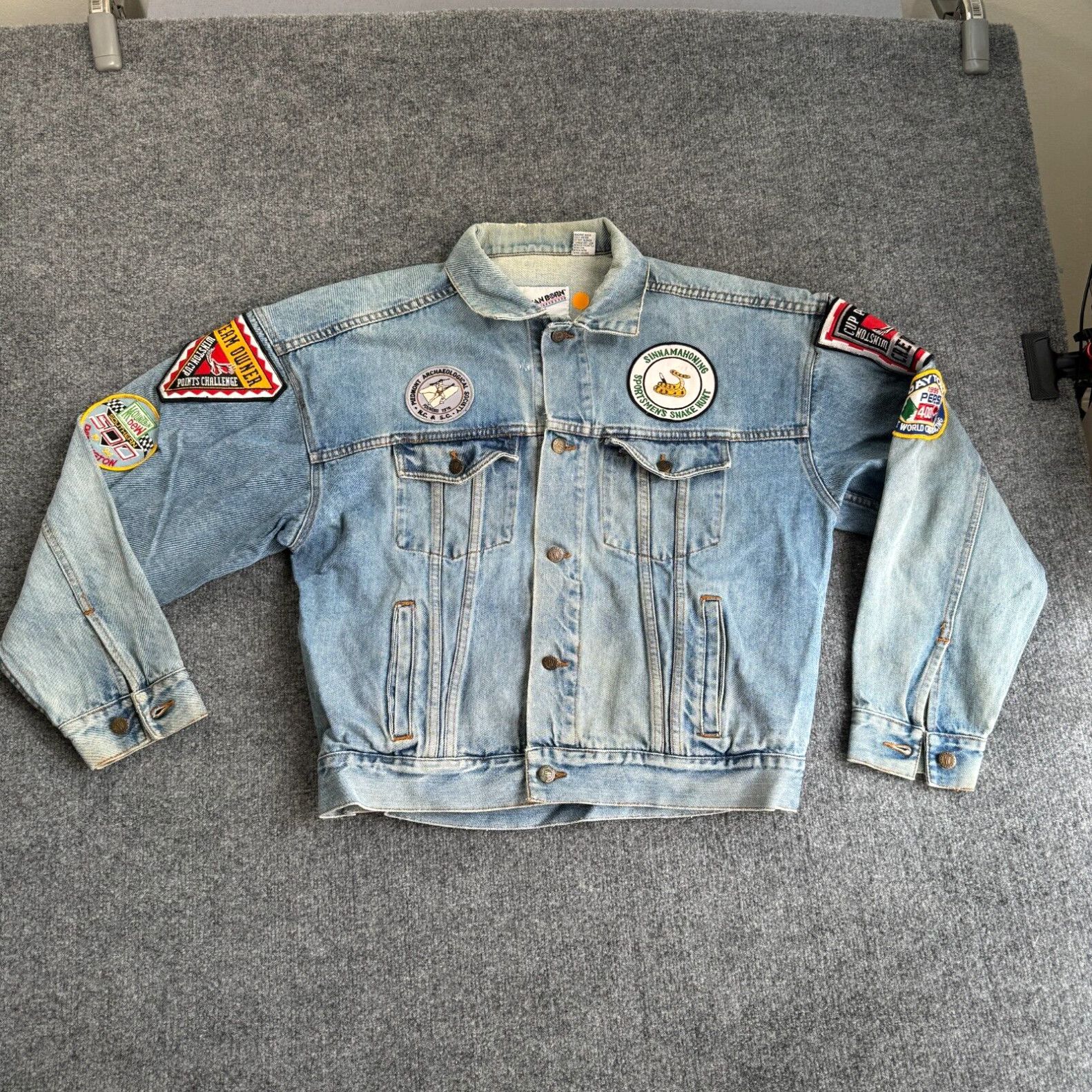 image of Vintage Winston Rodeo Embossed Denim Jean Jacket Cowboy Size L Nascar Patches 90's in White, Men's