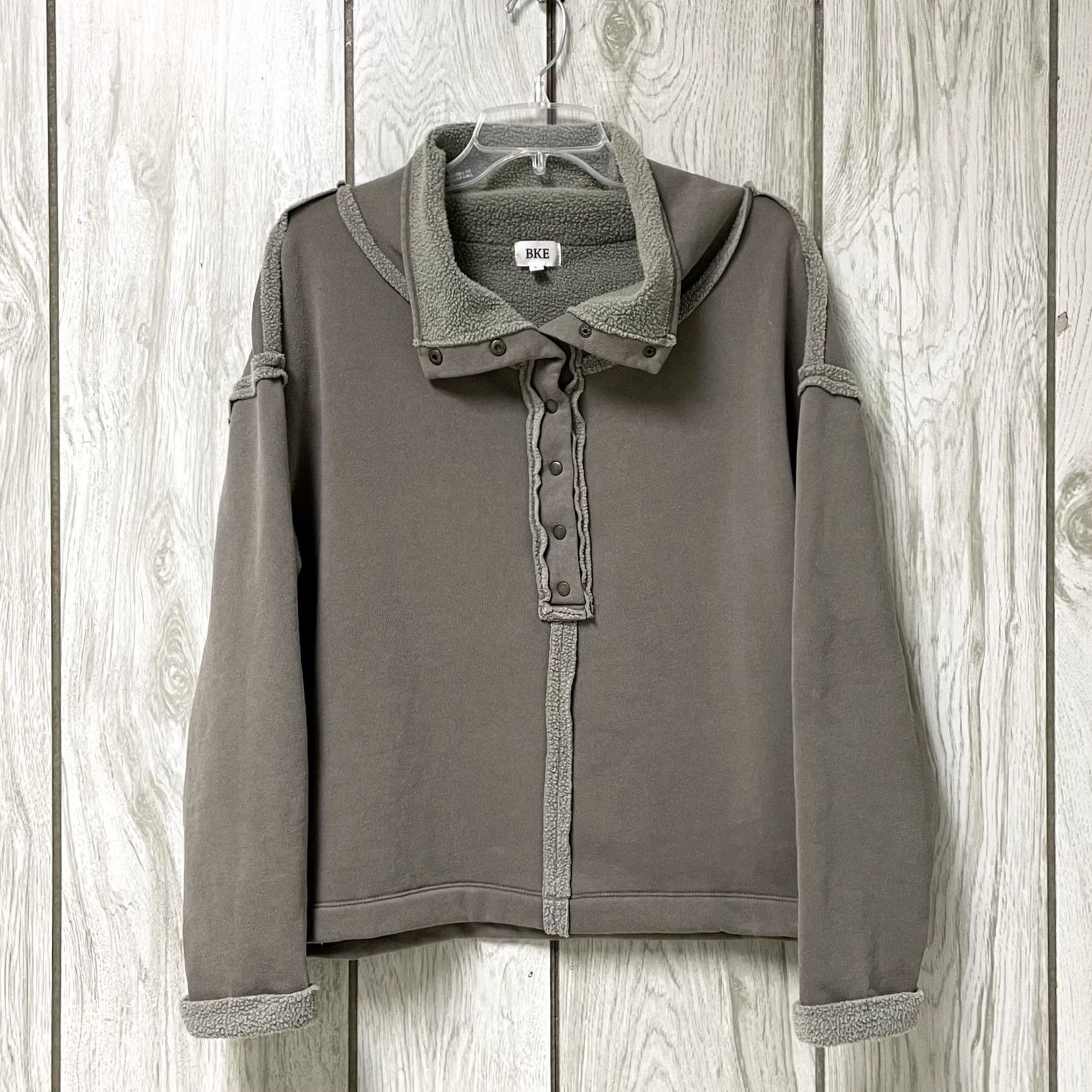 Vintage Buckle Women Pullover Sweater Mock Neck 1/4 Snap Fleece Lined Washed Olive Green S Size S / US 4 / IT 40 - 4 Thumbnail