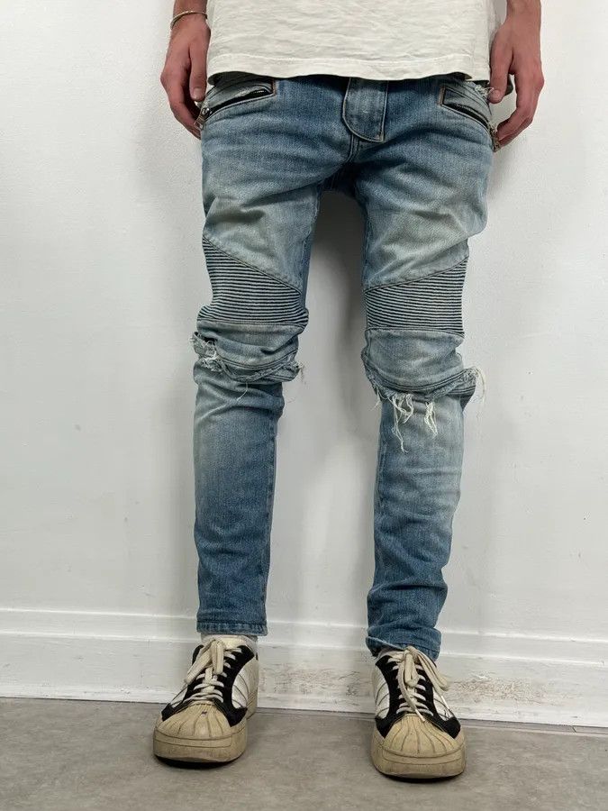 Balmain 2010s Balmain Light Blue Denim Distressed Jeans Size US 33 - 2 Thumbnail