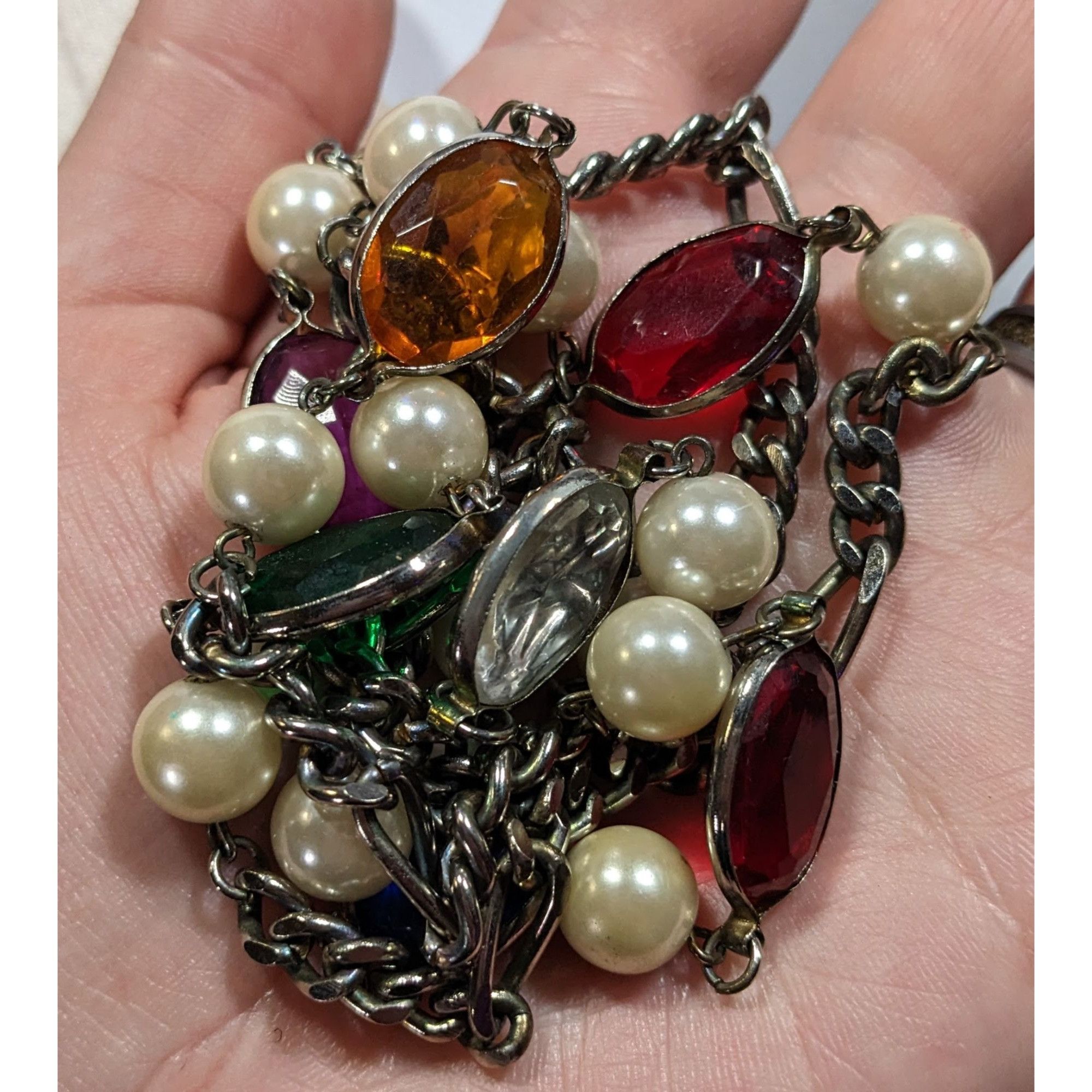 Other Vintage Faux Pearl And Rainbow Gem Station Necklace On Silve Size ONE SIZE - 3 Thumbnail